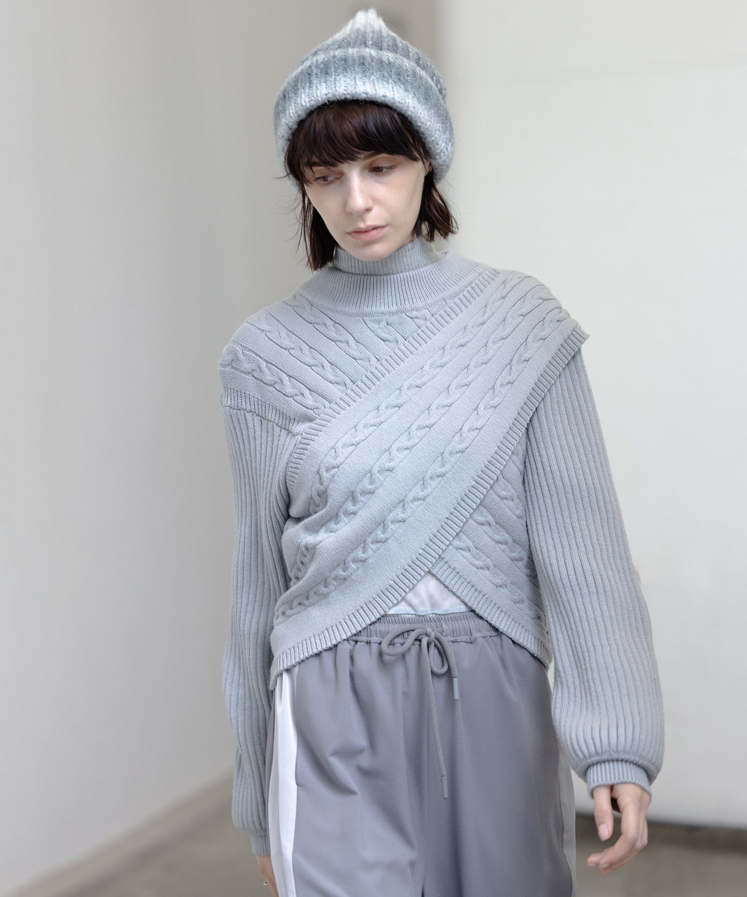 Mock Neck Deconstructed Cropped Knit Sweater