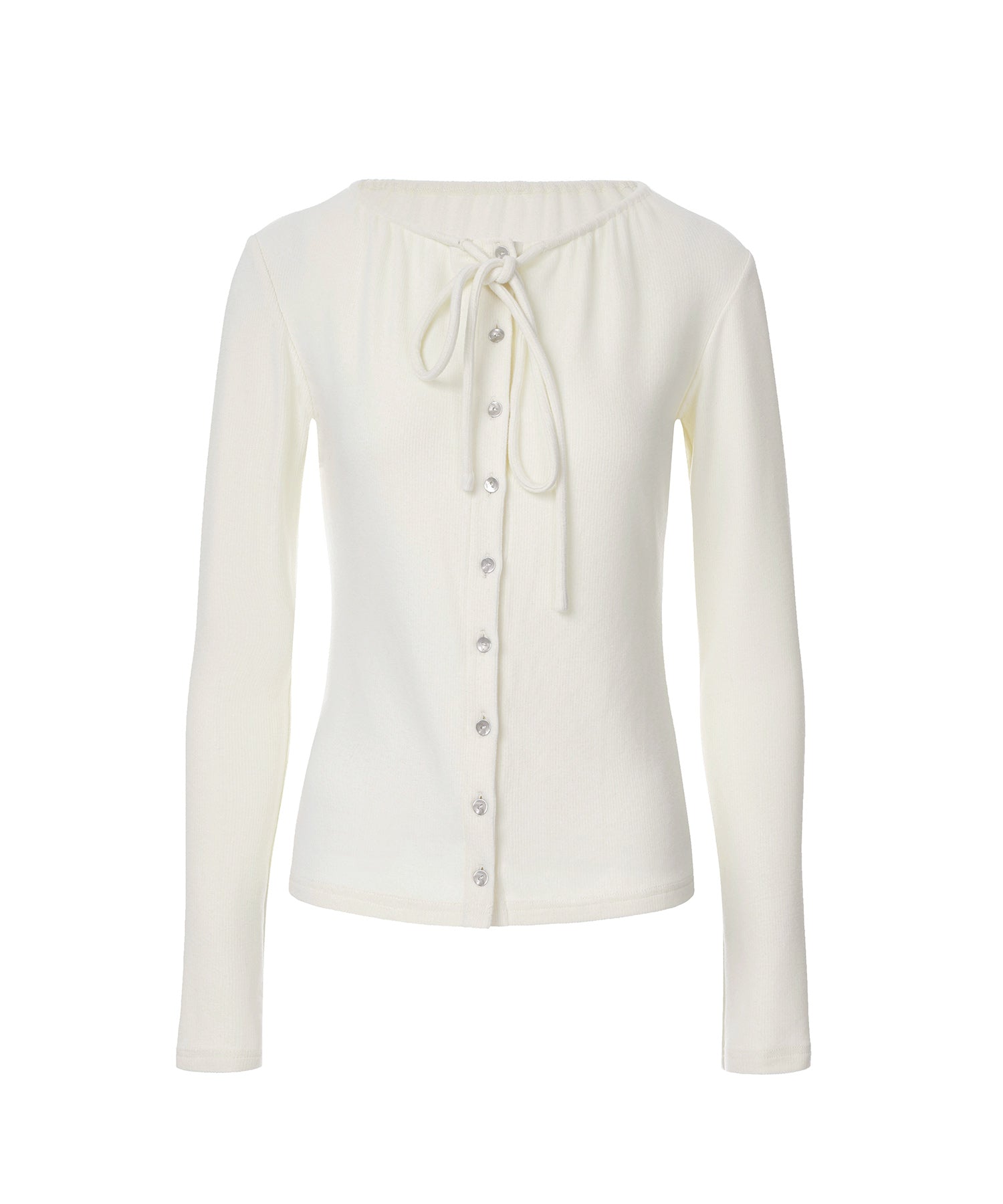 Ribbon Lace-Up Neck Ribbed Cardigan-Style Top