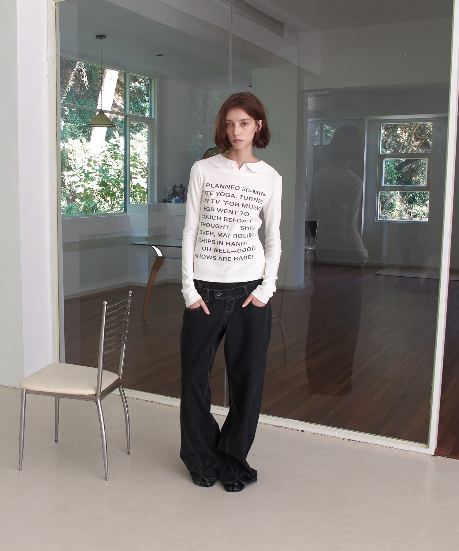 Layered-Look Shirt Collar Slogan Print Slim-Fit Base T-Shirt