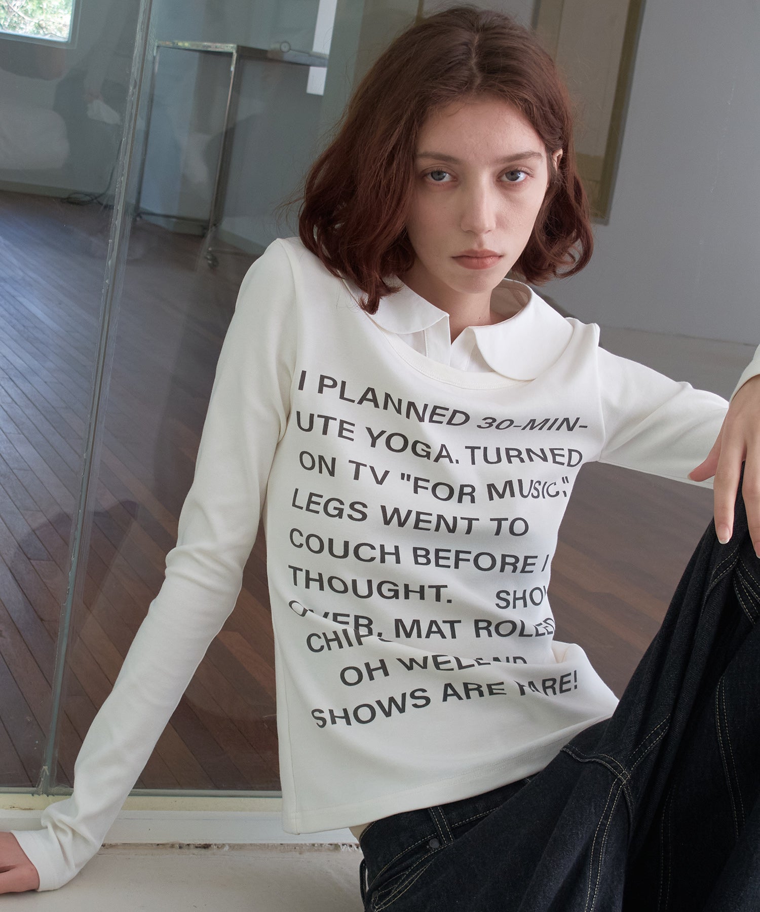 Layered-Look Shirt Collar Slogan Print Slim-Fit Base T-Shirt