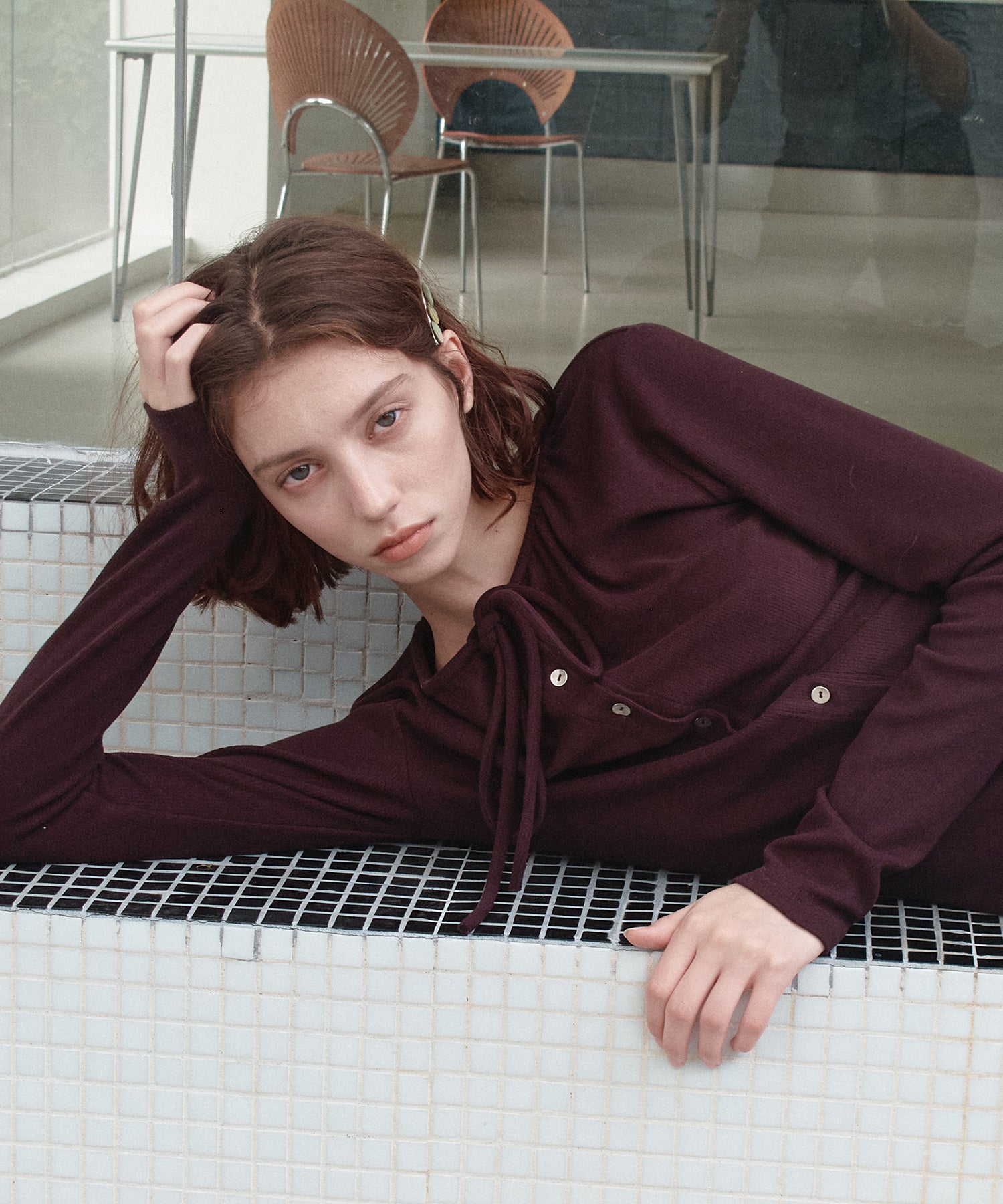 Ribbon Lace-Up Neck Ribbed Cardigan-Style Top