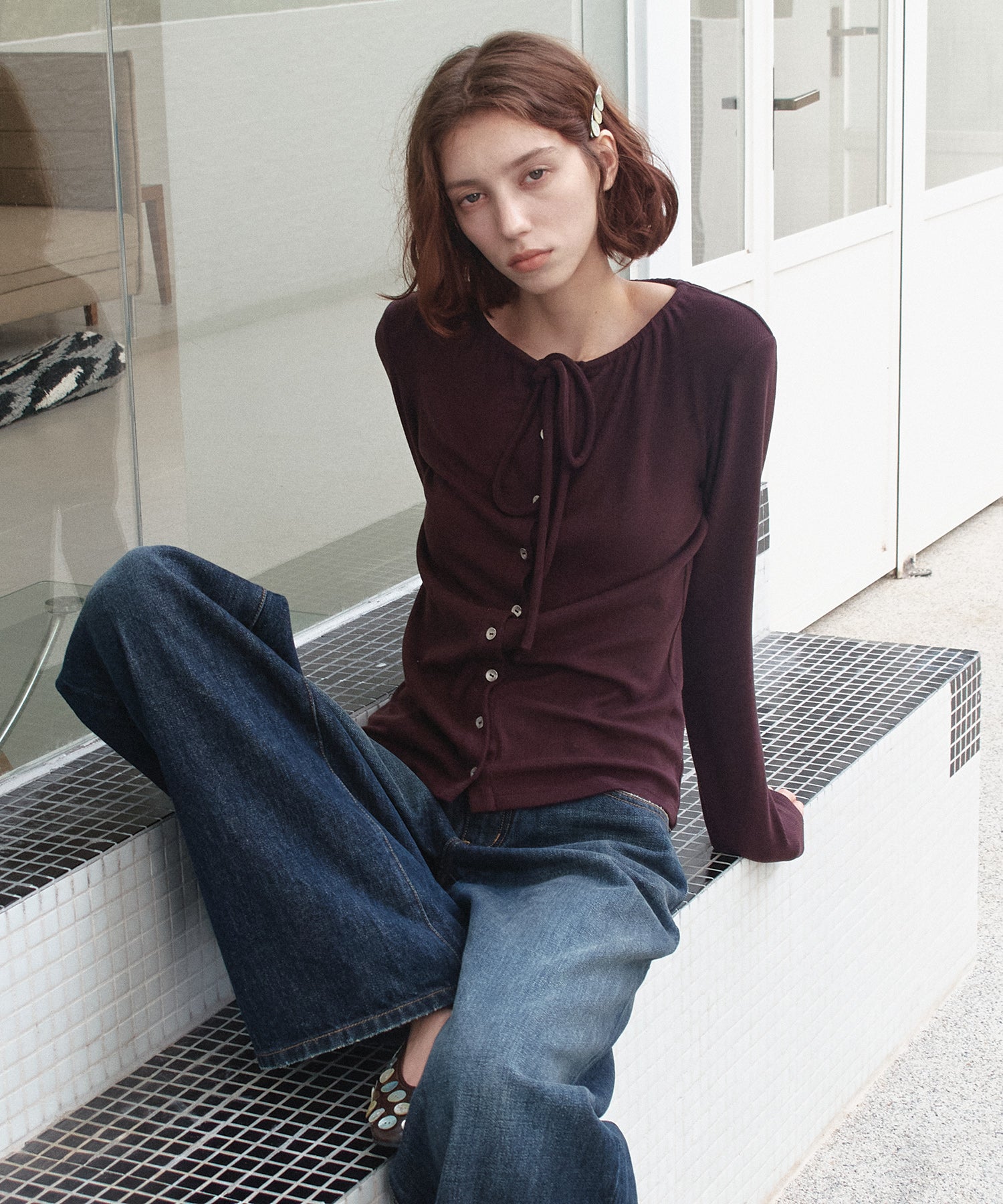 Ribbon Lace-Up Neck Ribbed Cardigan-Style Top