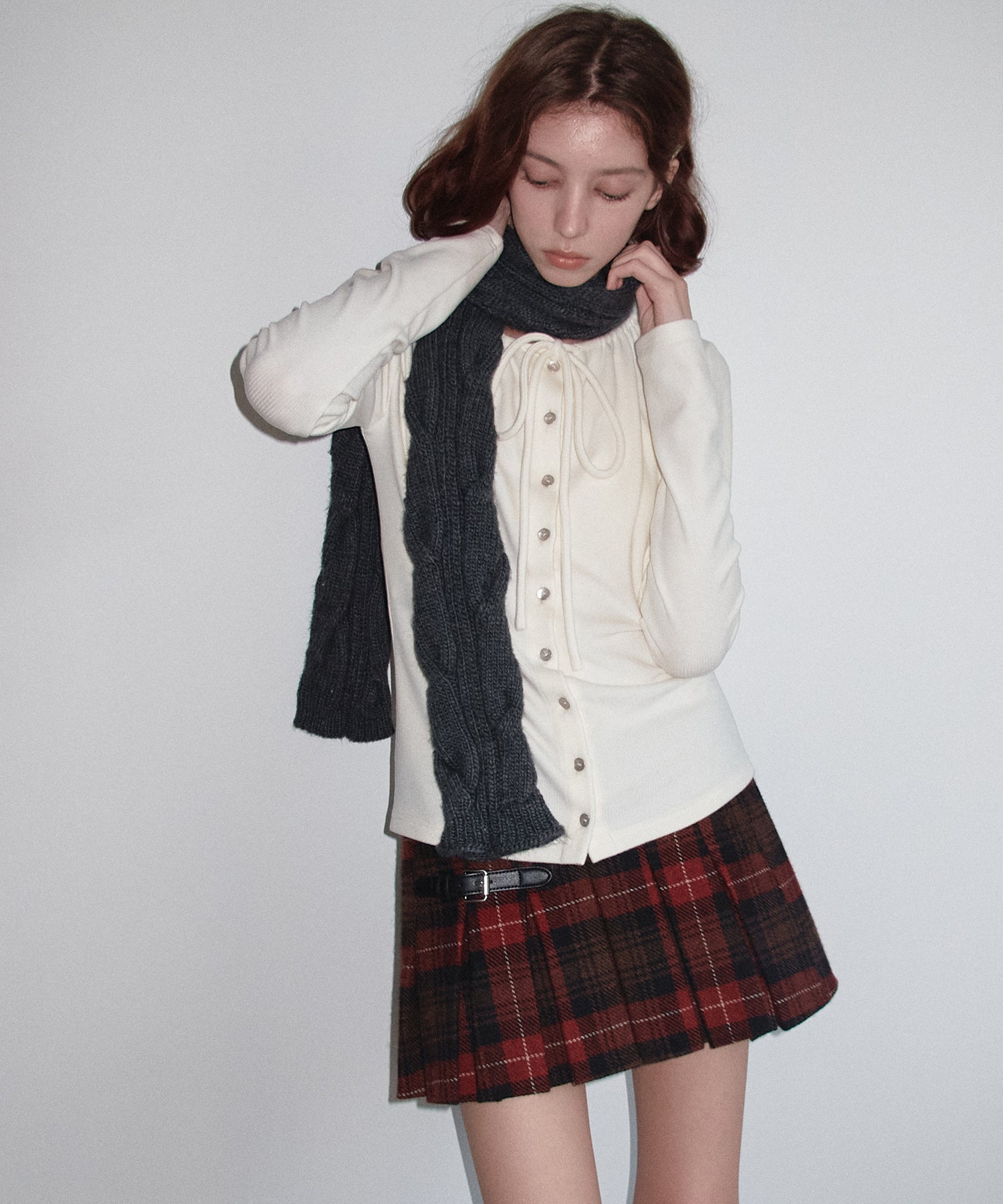 Ribbon Lace-Up Neck Ribbed Cardigan-Style Top