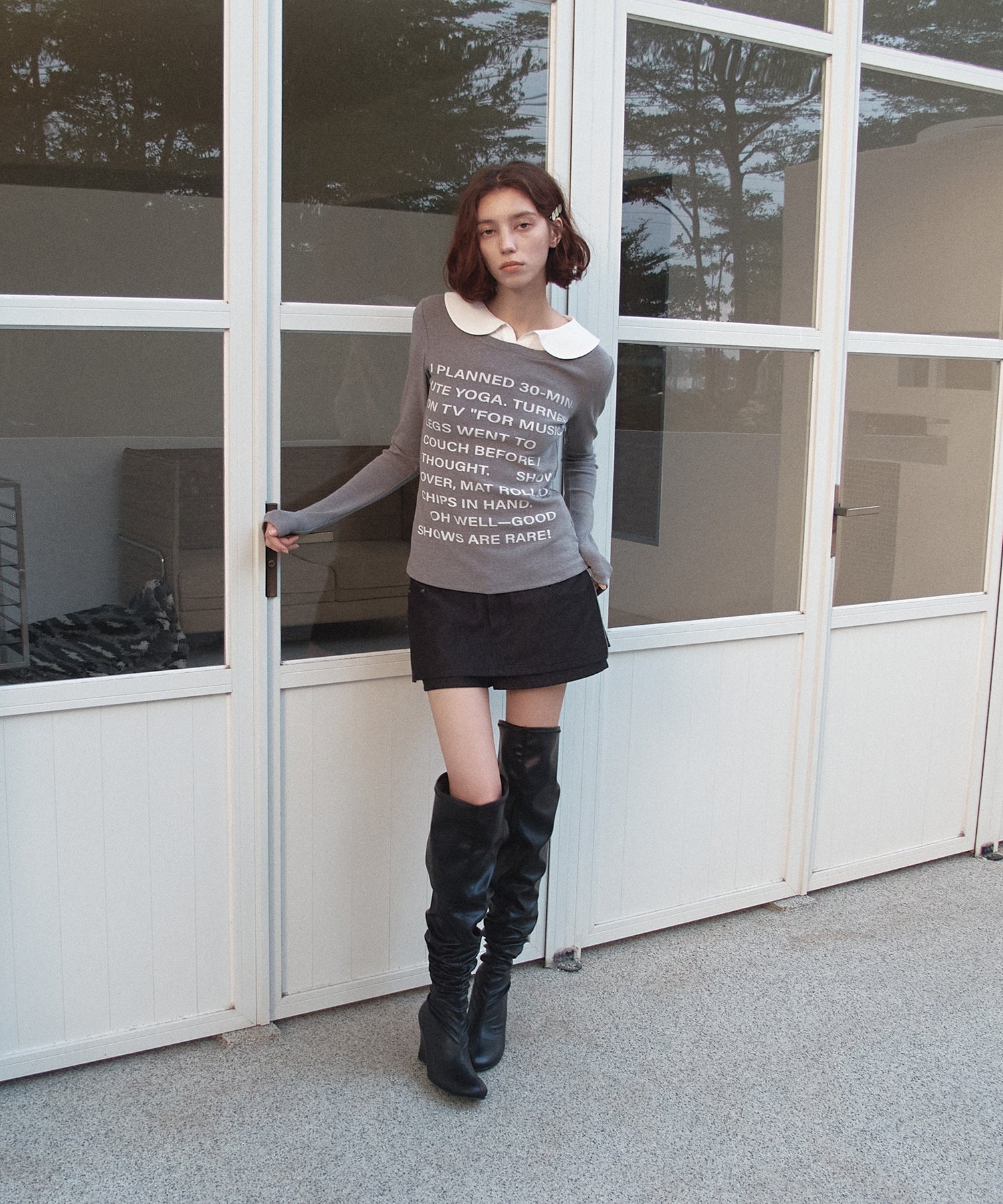 Layered-Look Shirt Collar Slogan Print Slim-Fit Base T-Shirt