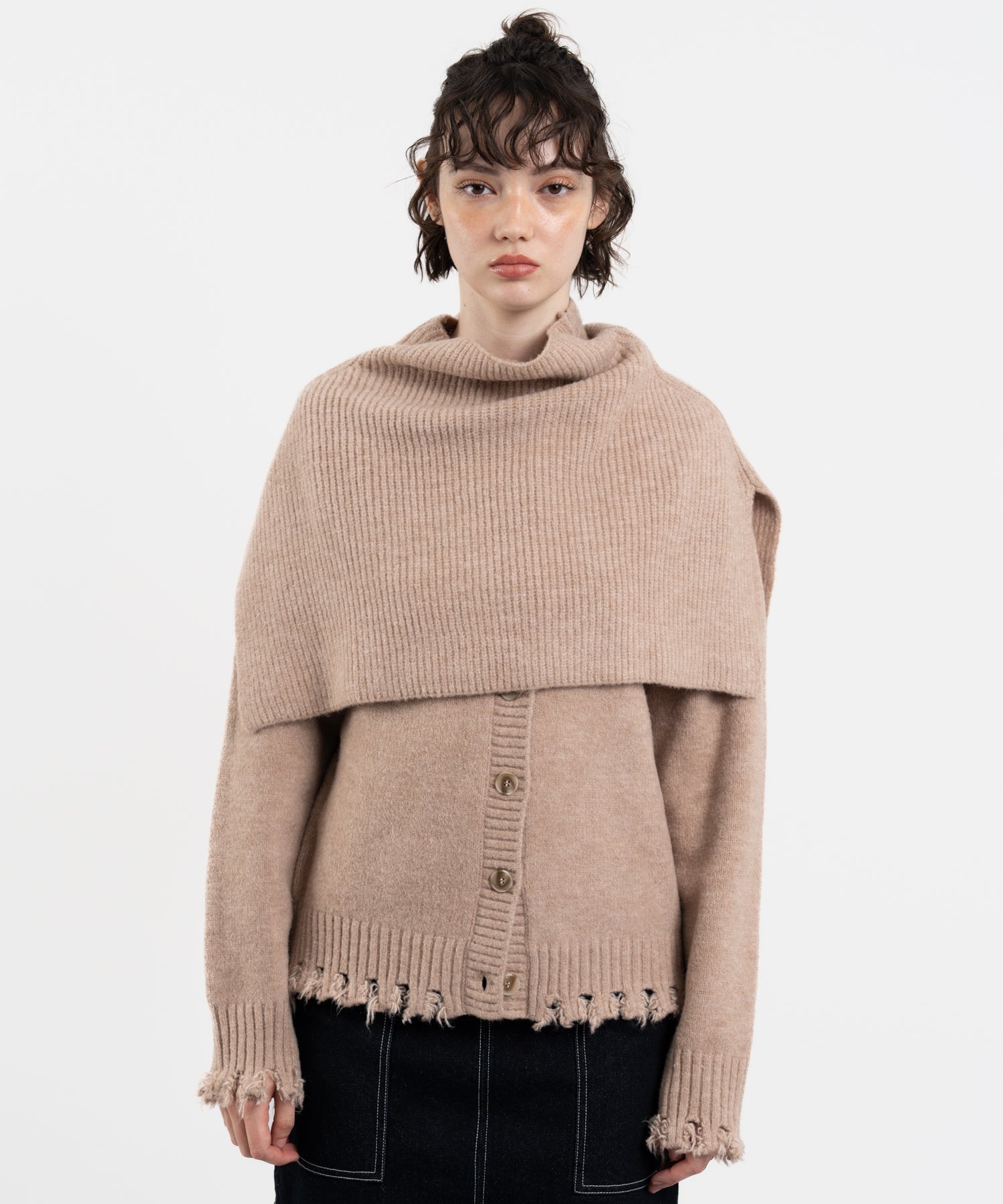 Snood Distressed Hem Cardigan