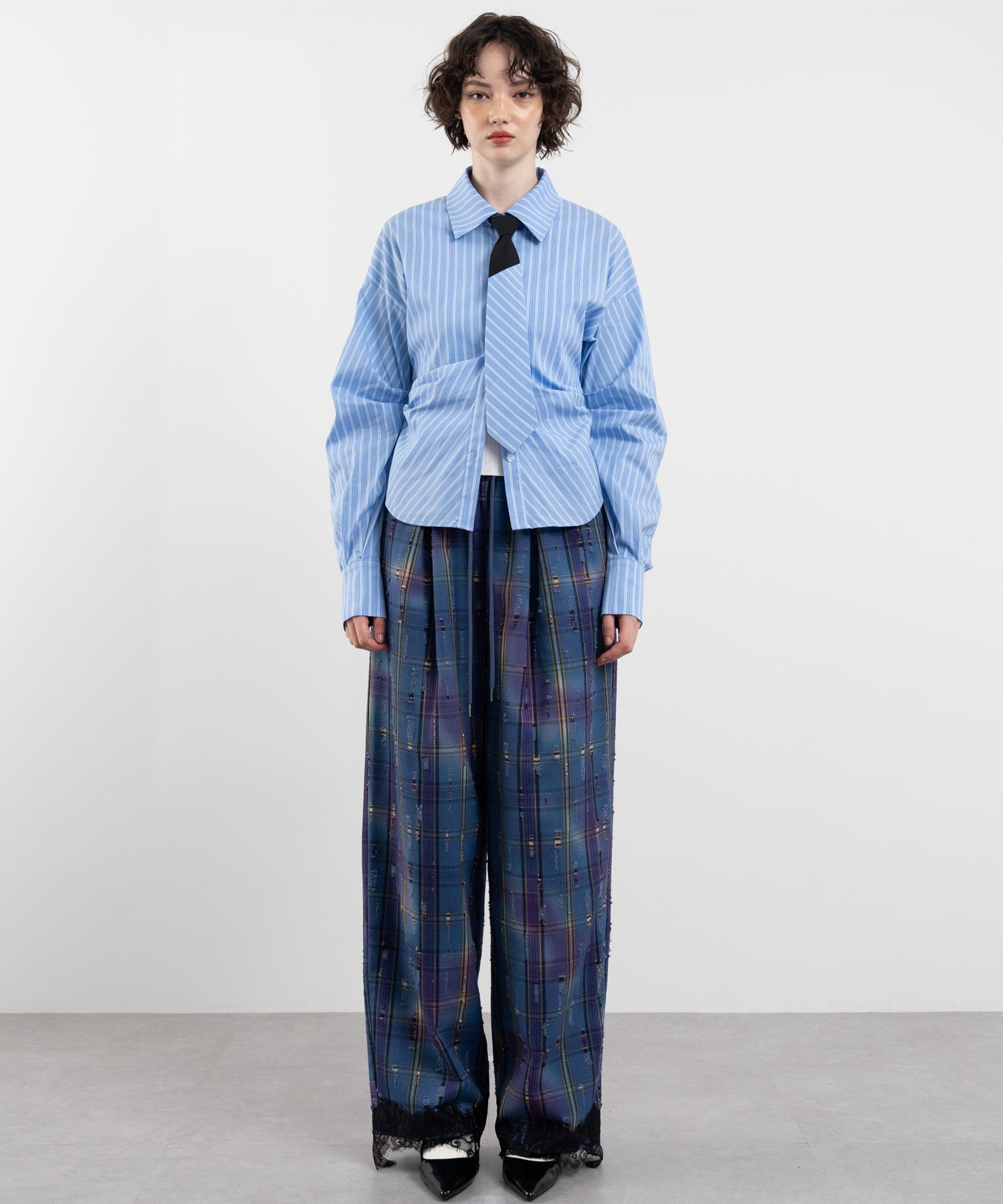Plaid Pants with Distressed Details & Lace Docking