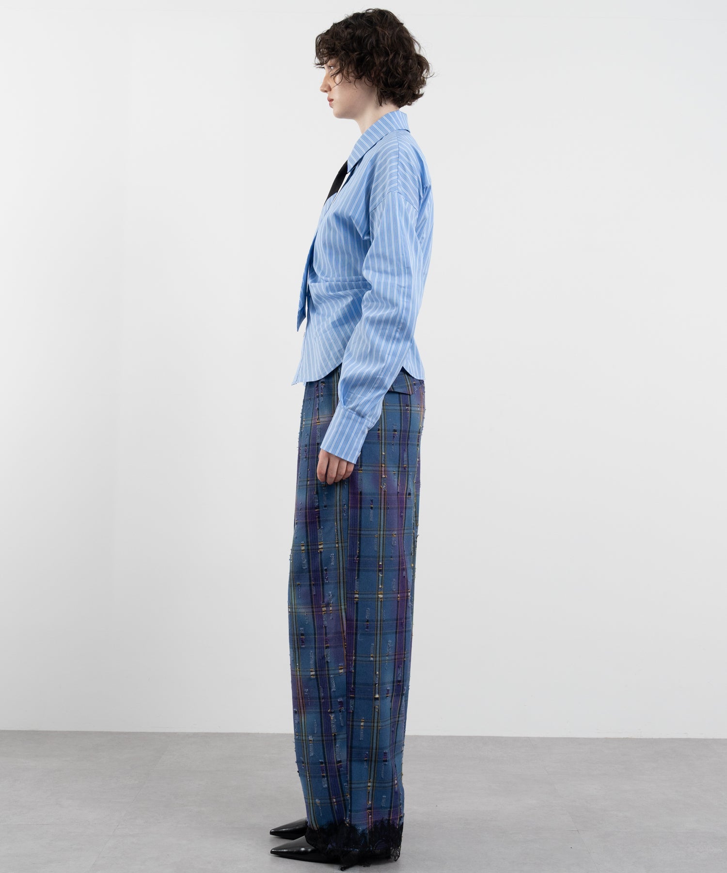 Plaid Pants with Distressed Details & Lace Docking