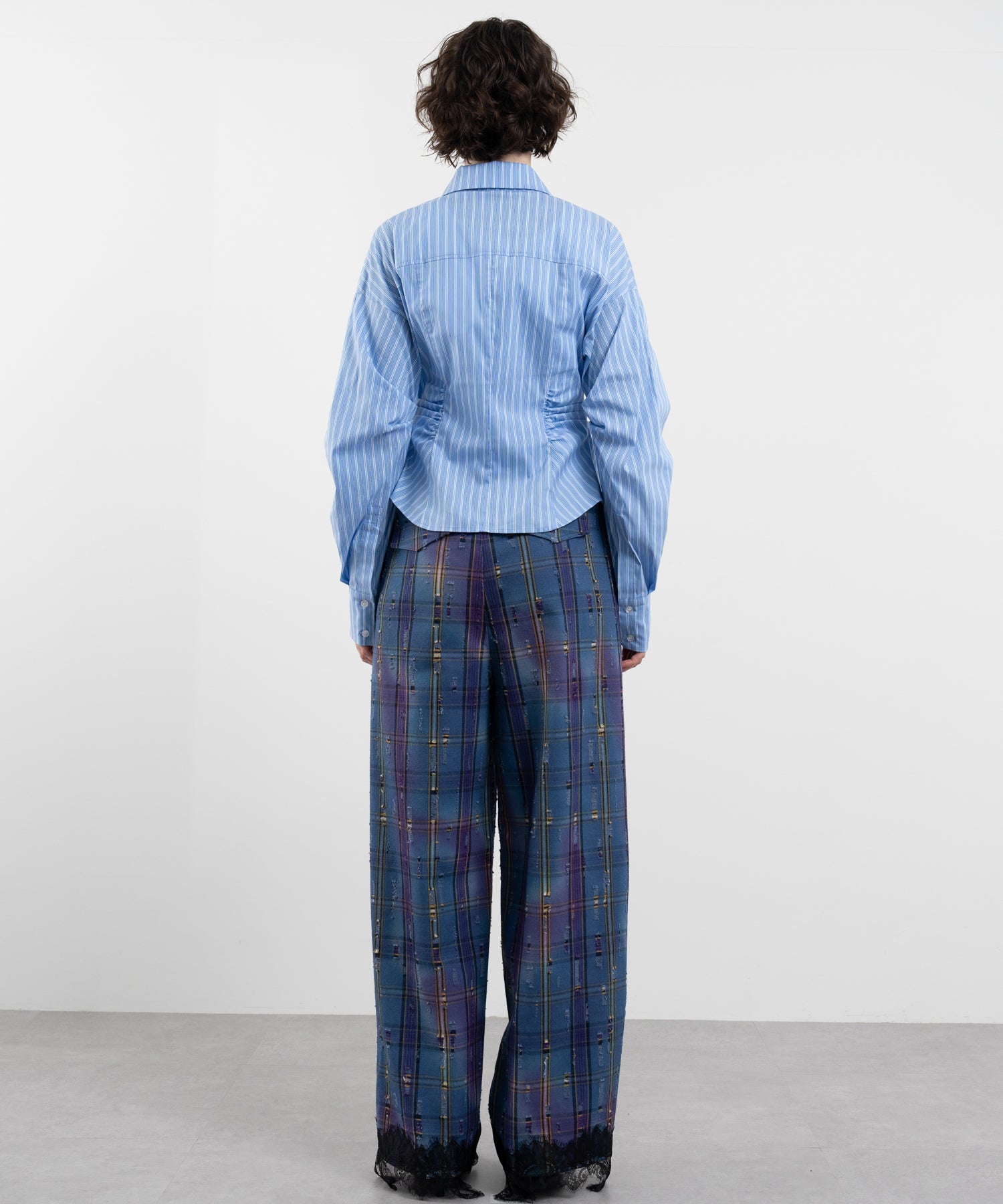Plaid Pants with Distressed Details & Lace Docking