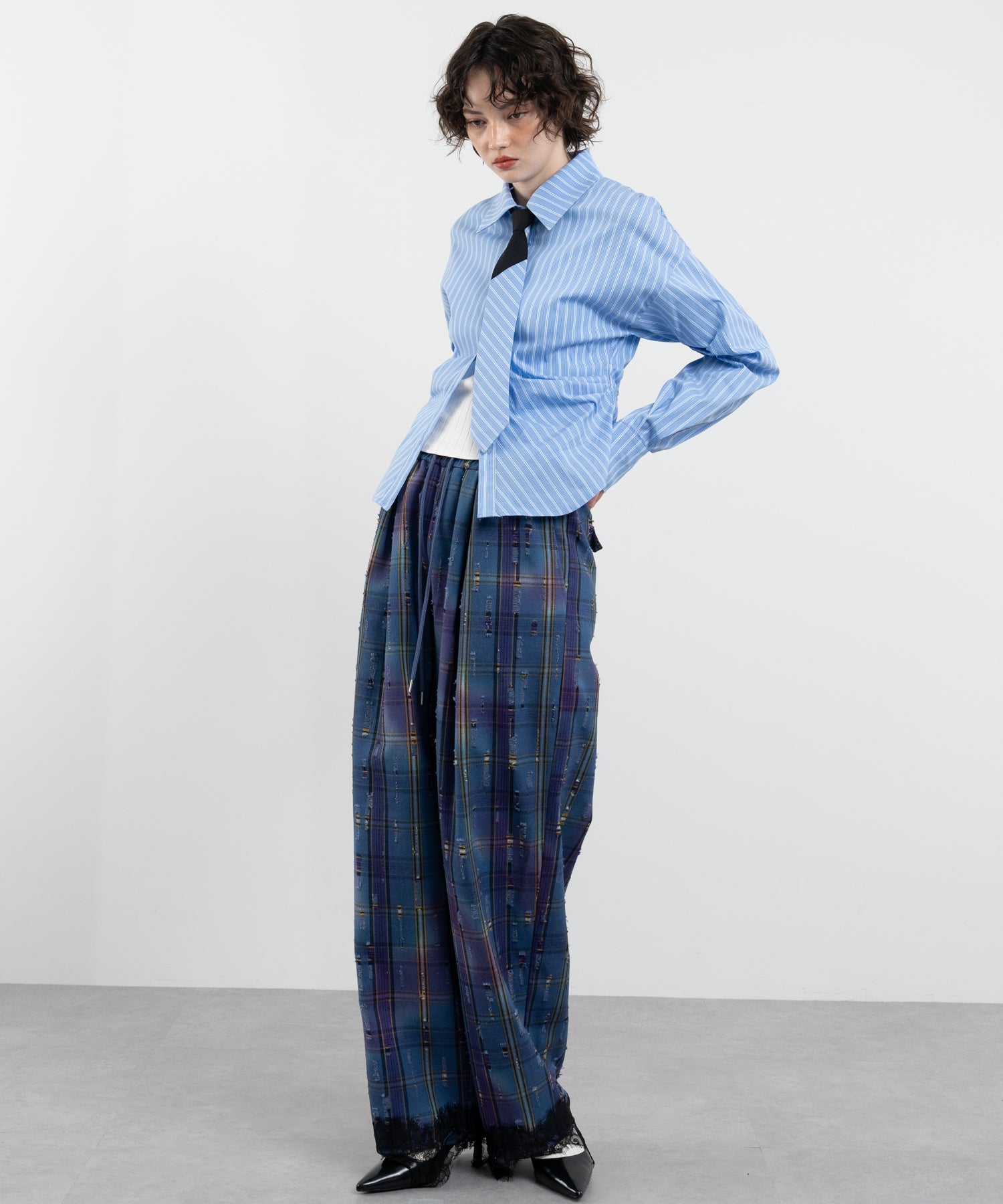 Plaid Pants with Distressed Details & Lace Docking