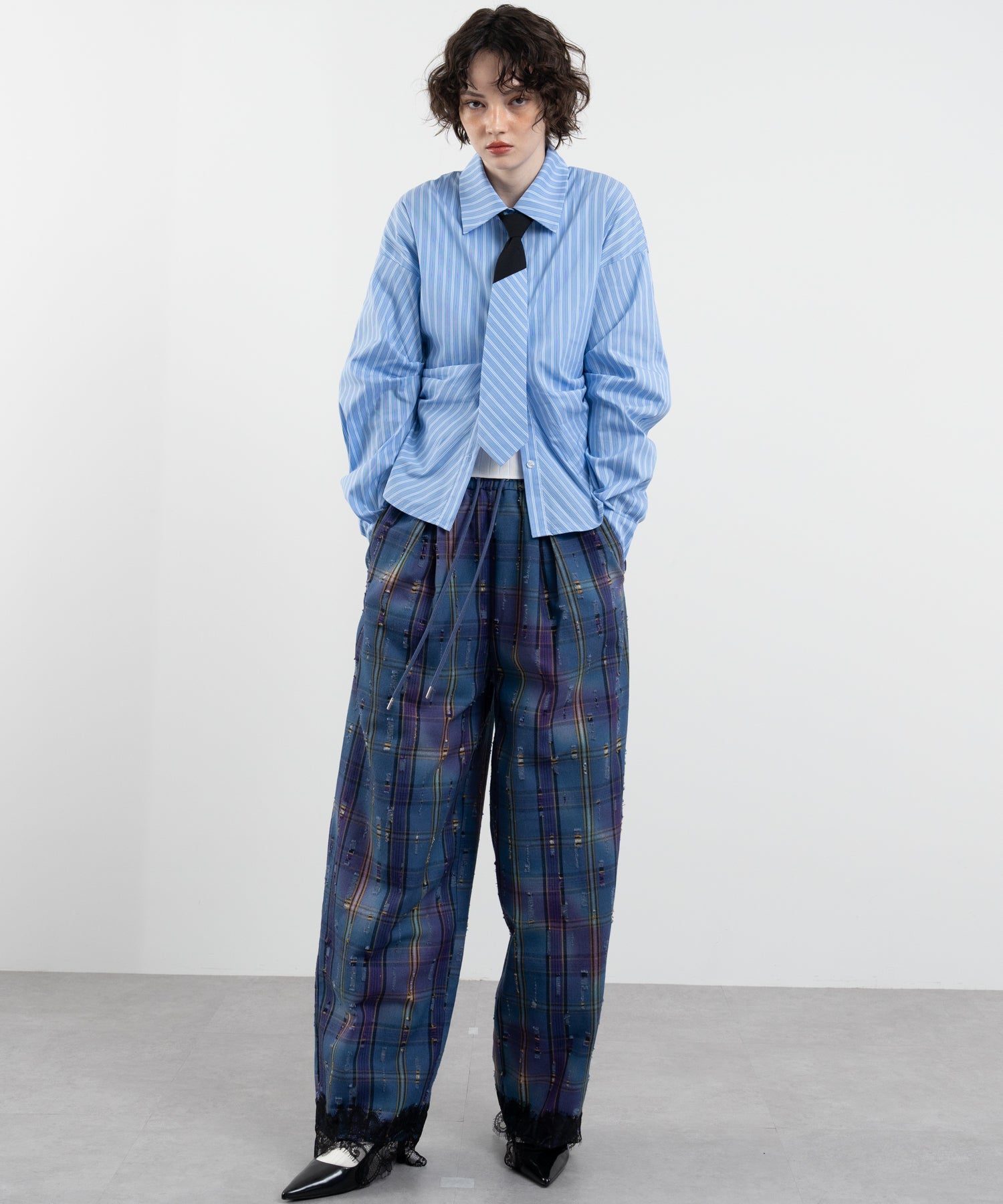 Plaid Pants with Distressed Details & Lace Docking