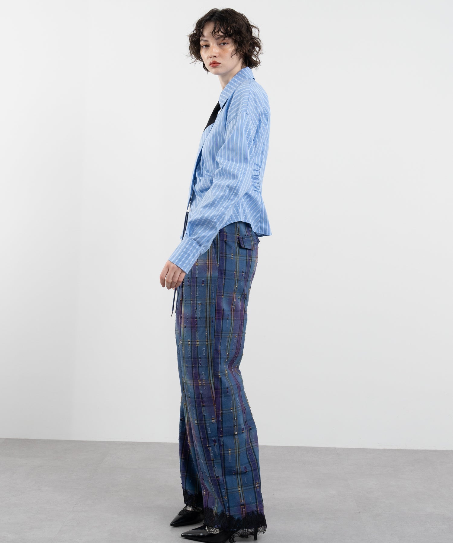 Plaid Pants with Distressed Details & Lace Docking