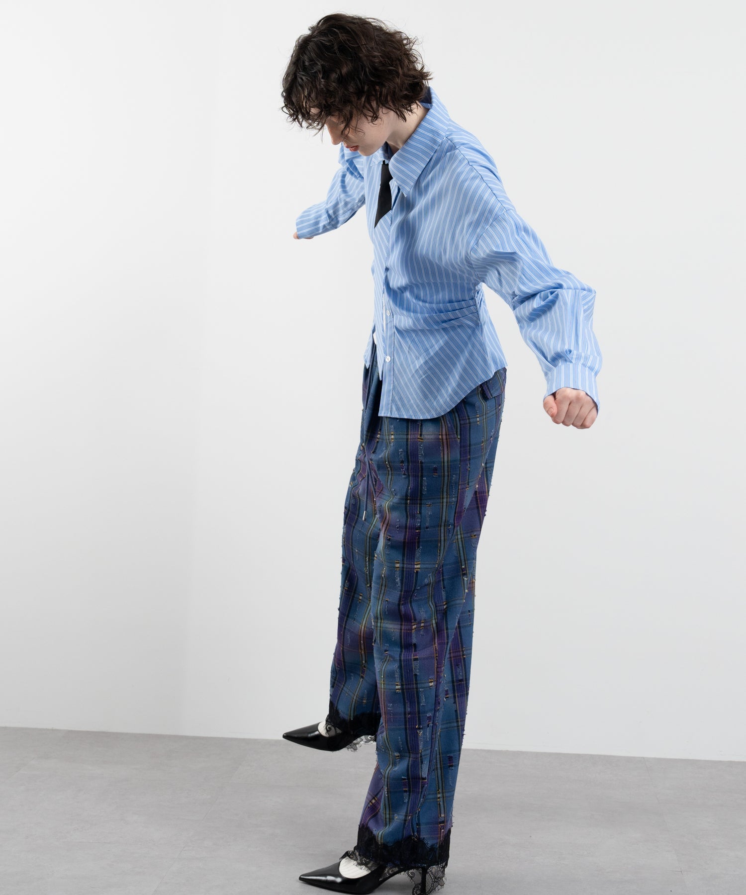 Plaid Pants with Distressed Details & Lace Docking