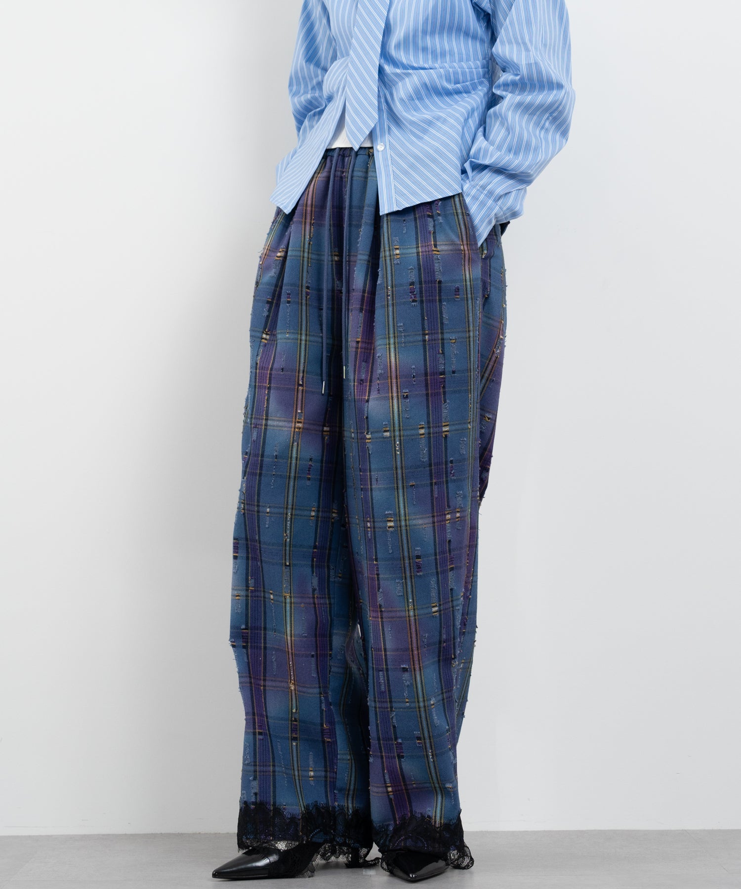 Plaid Pants with Distressed Details & Lace Docking