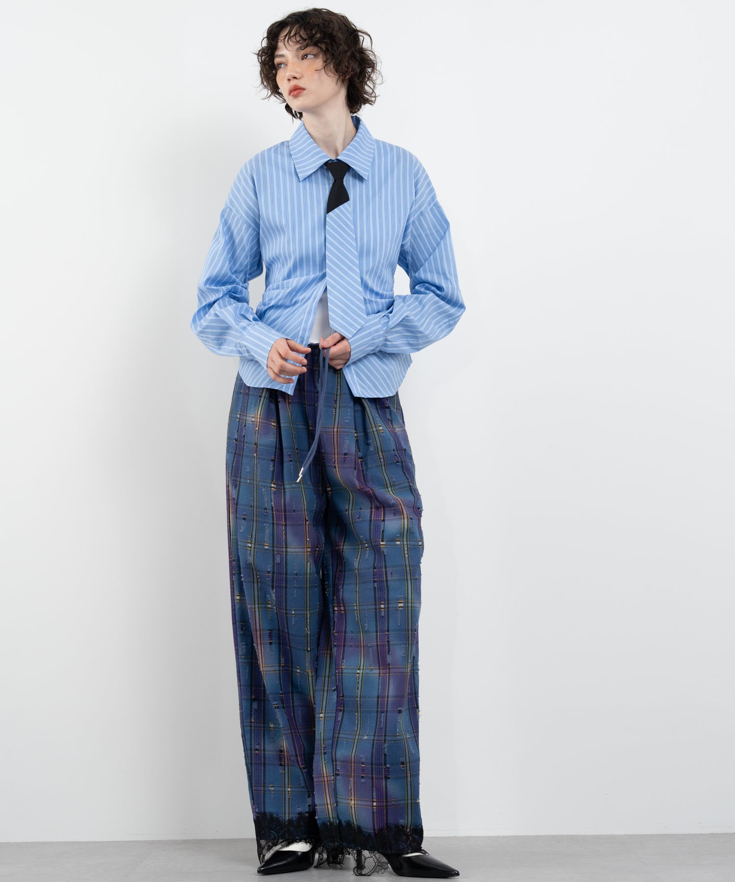 Plaid Pants with Distressed Details & Lace Docking
