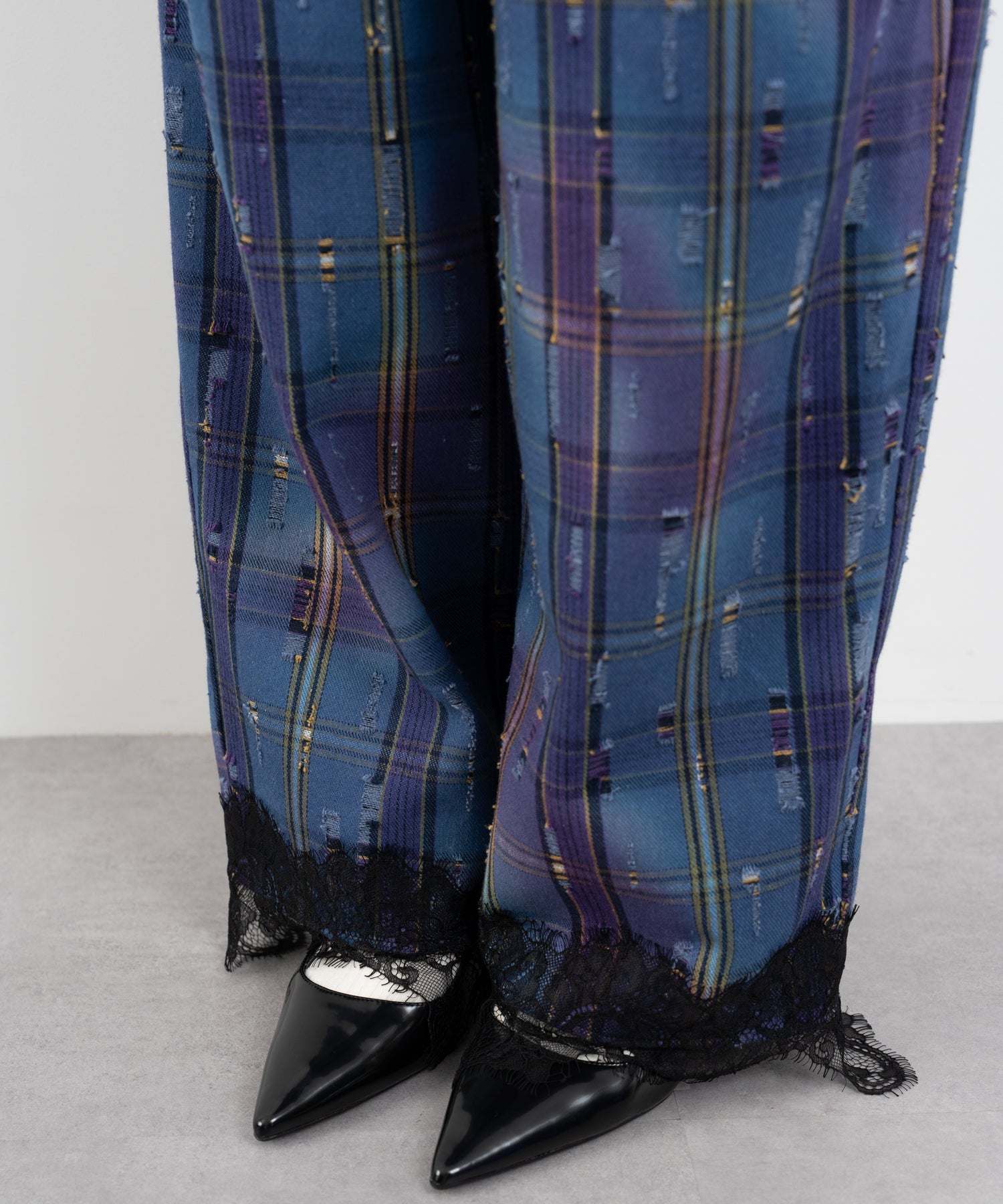 Plaid Pants with Distressed Details & Lace Docking