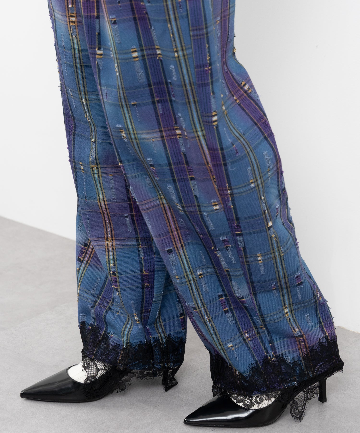 Plaid Pants with Distressed Details & Lace Docking