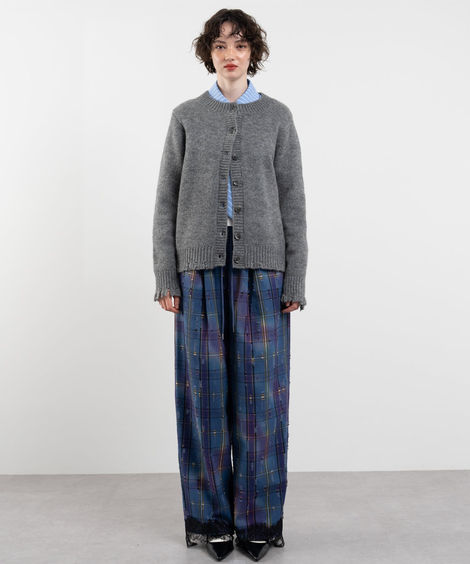 Plaid Pants with Distressed Details & Lace Docking