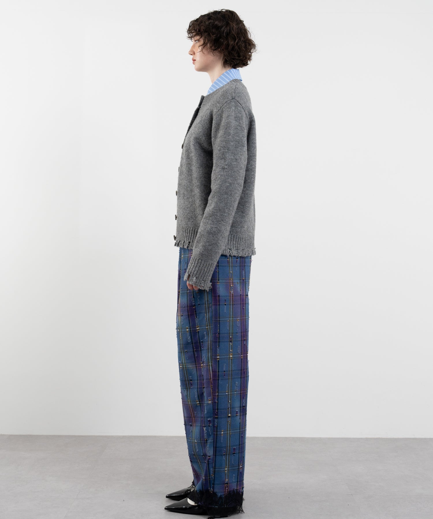 Plaid Pants with Distressed Details & Lace Docking