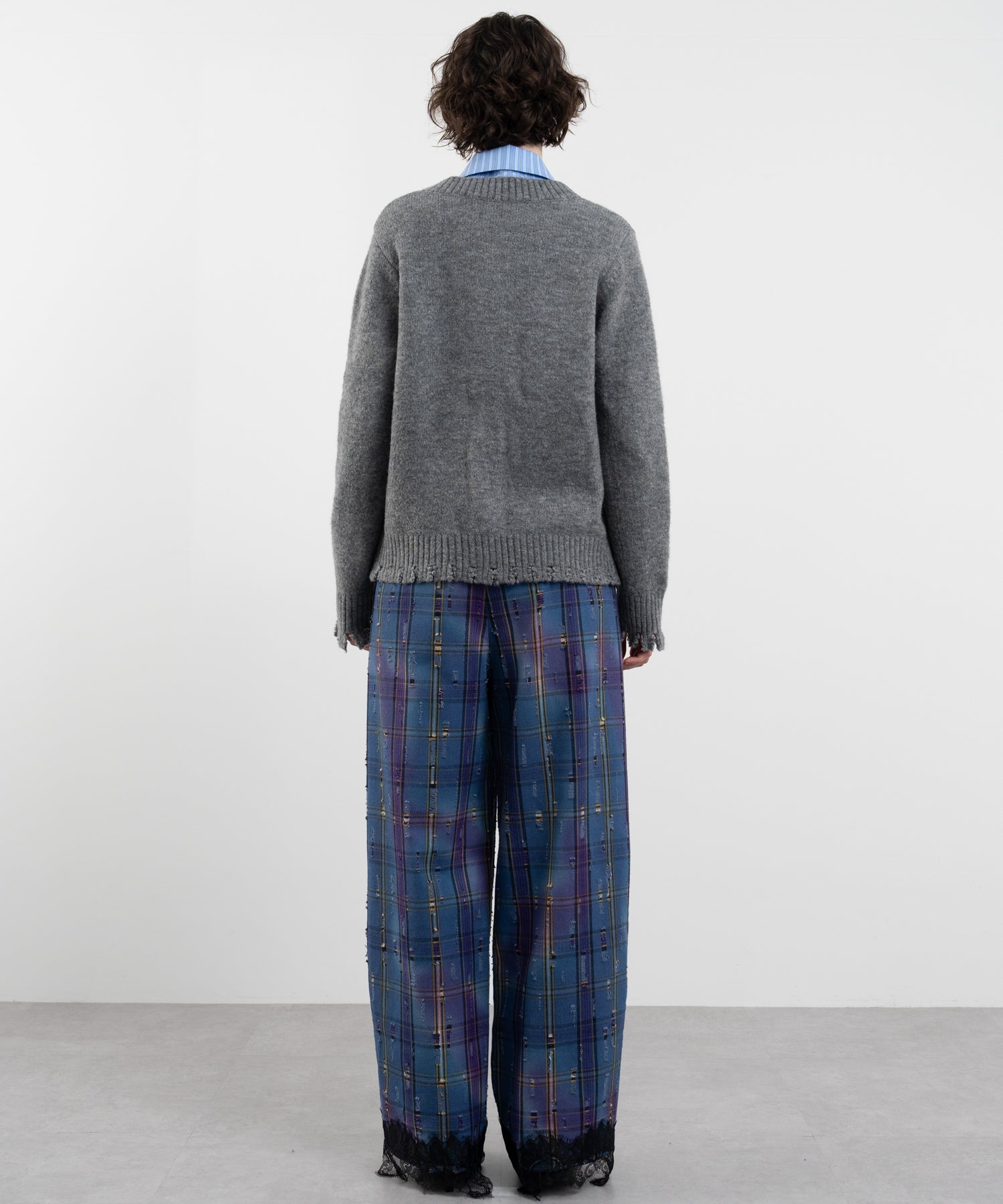 Plaid Pants with Distressed Details & Lace Docking