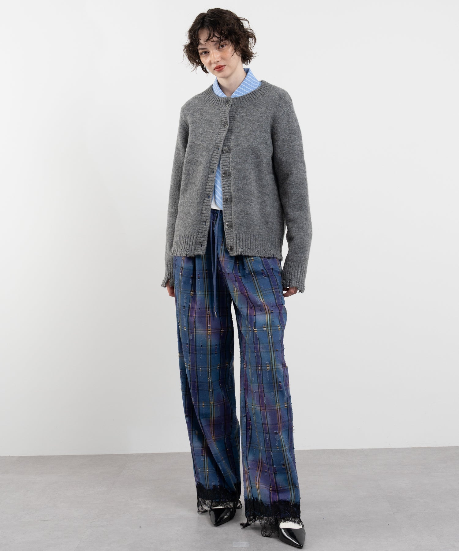 Plaid Pants with Distressed Details & Lace Docking