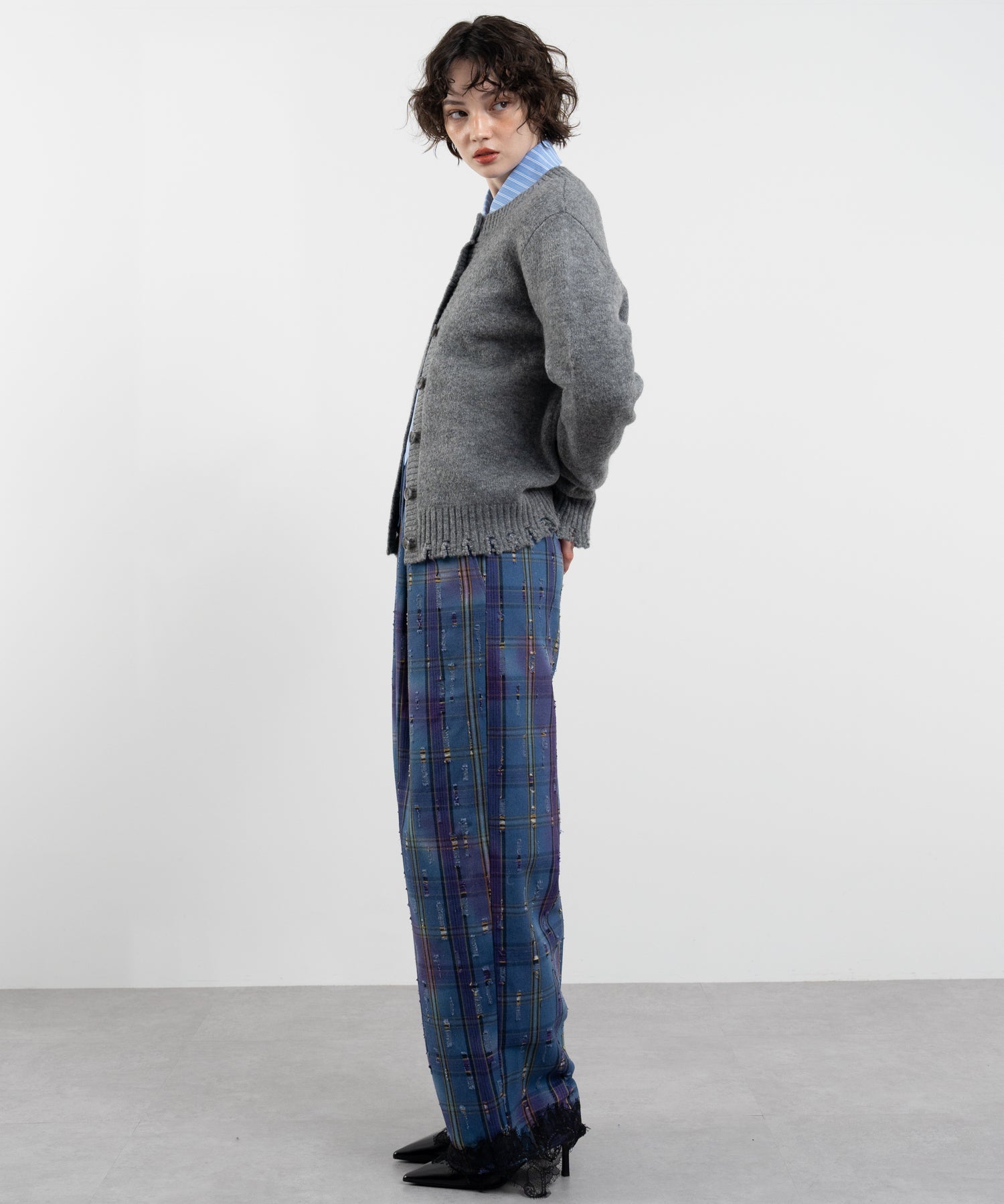 Plaid Pants with Distressed Details & Lace Docking
