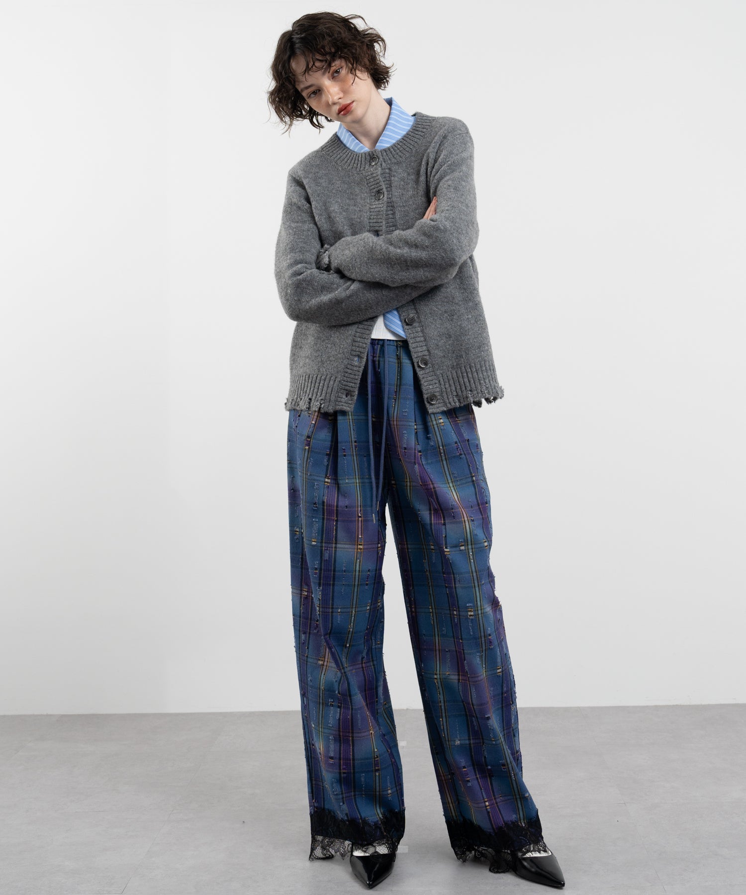 Plaid Pants with Distressed Details & Lace Docking