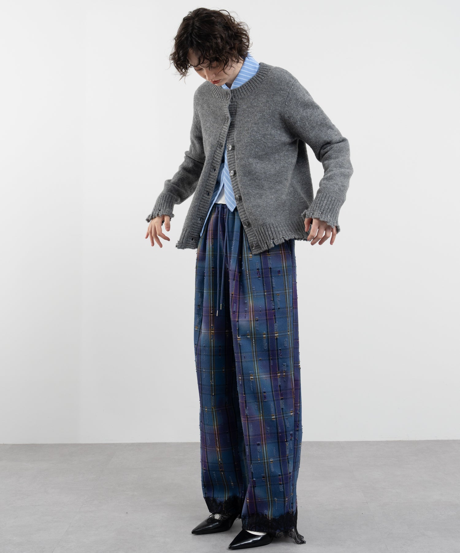 Plaid Pants with Distressed Details & Lace Docking