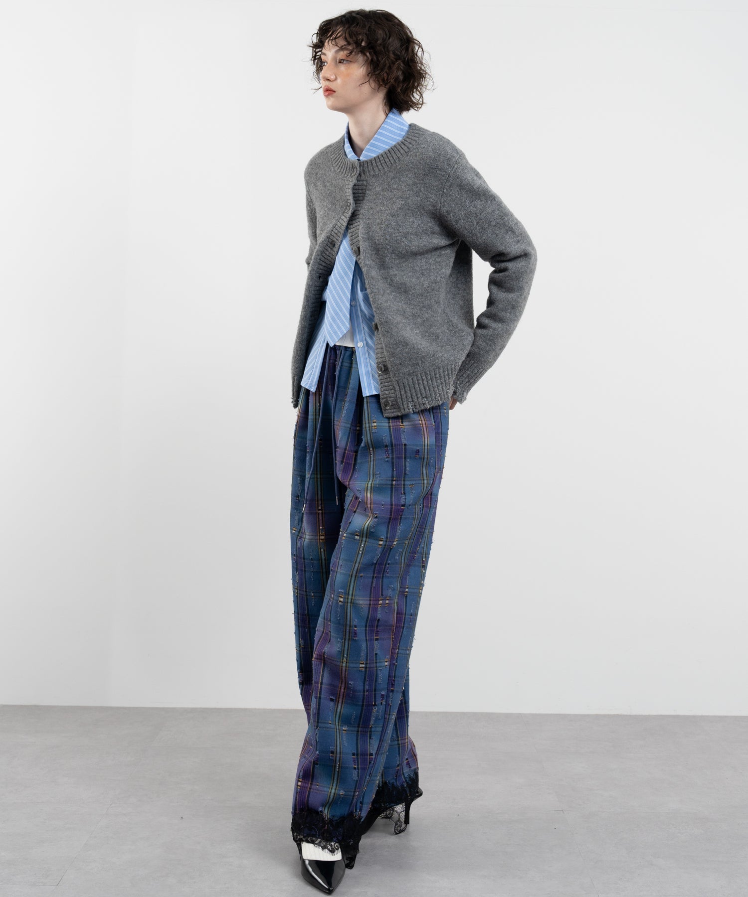 Plaid Pants with Distressed Details & Lace Docking