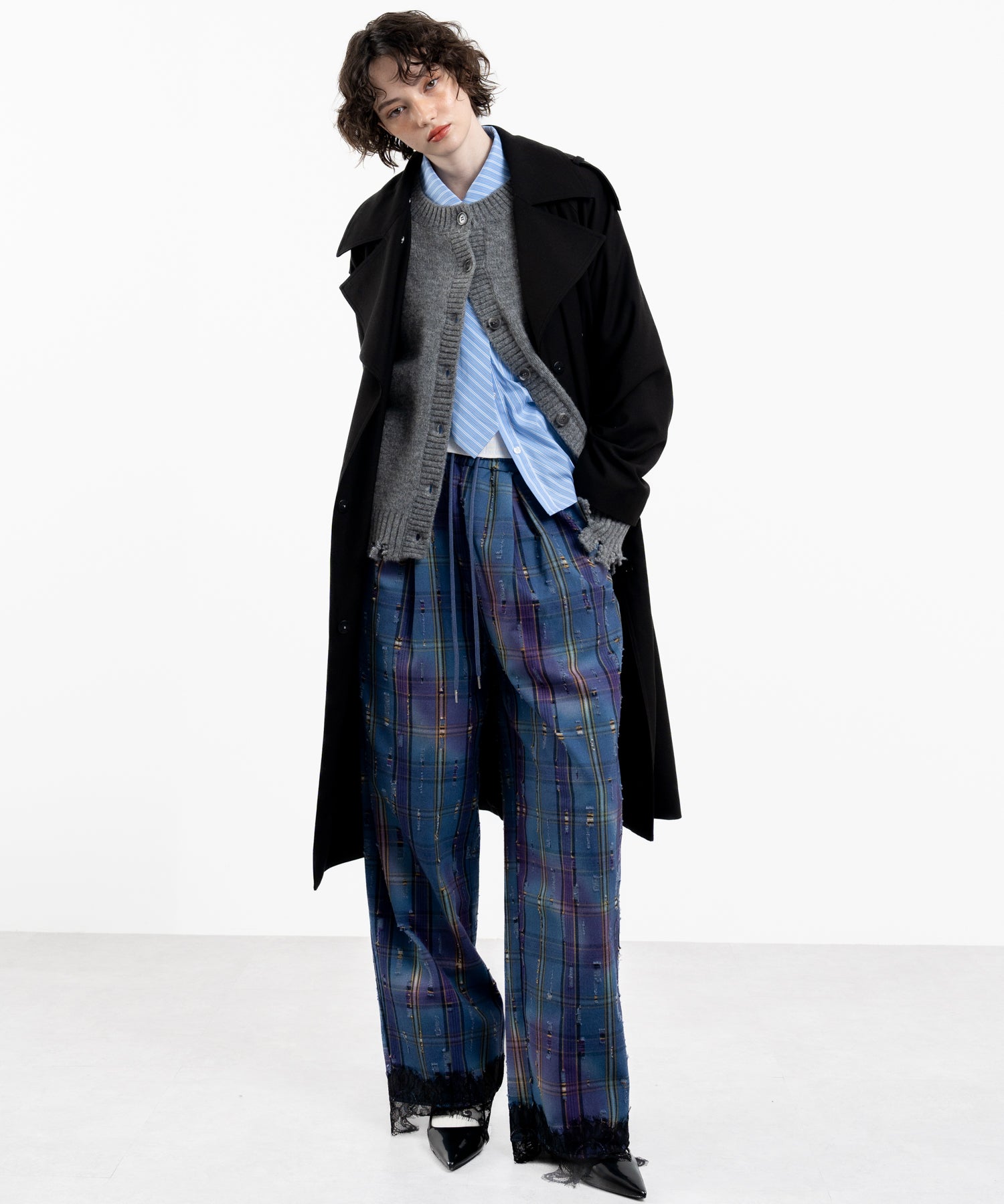 Plaid Pants with Distressed Details & Lace Docking