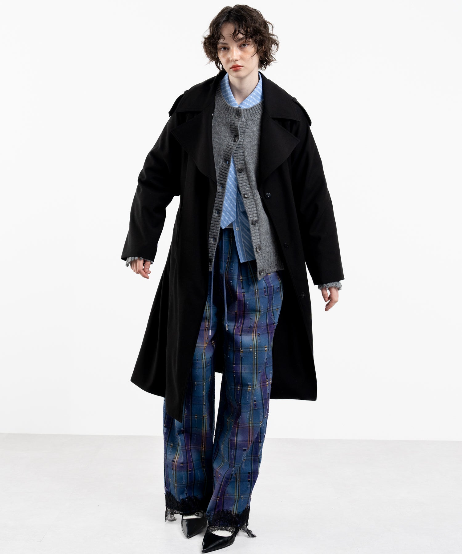 Plaid Pants with Distressed Details & Lace Docking