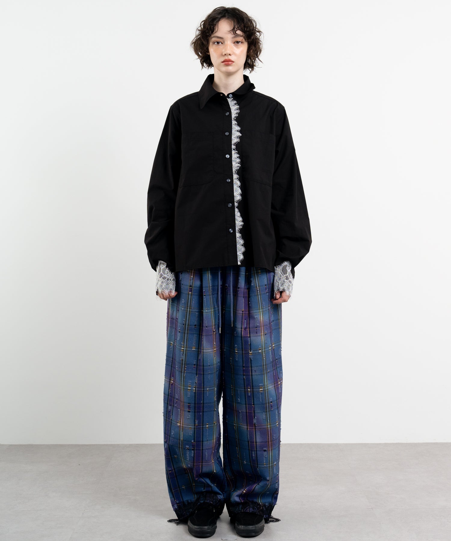 Plaid Pants with Distressed Details & Lace Docking