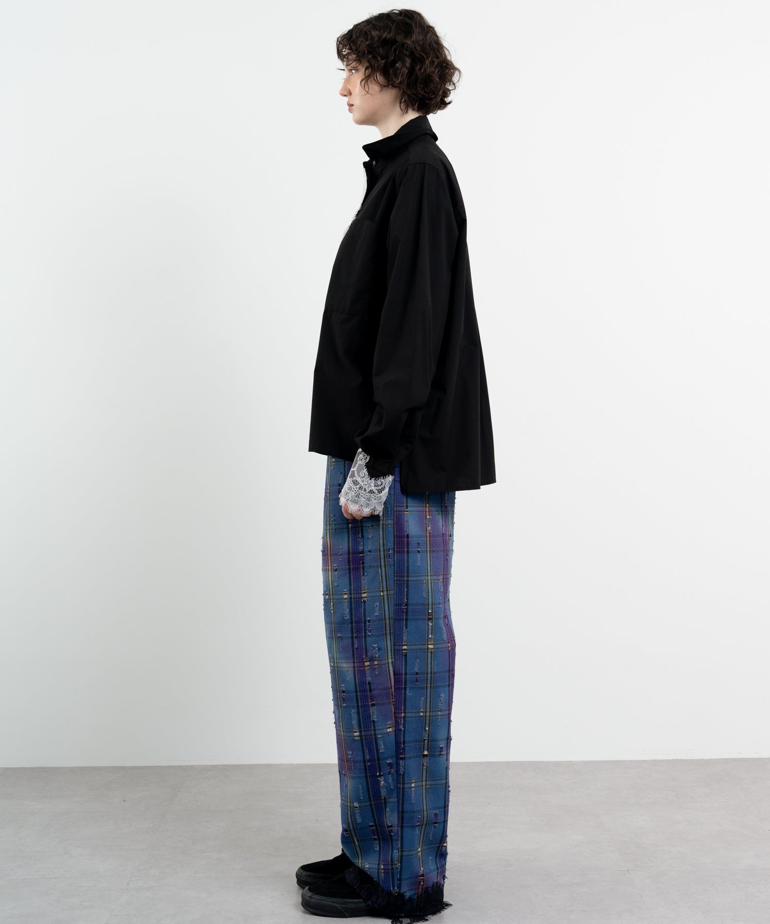 Plaid Pants with Distressed Details & Lace Docking