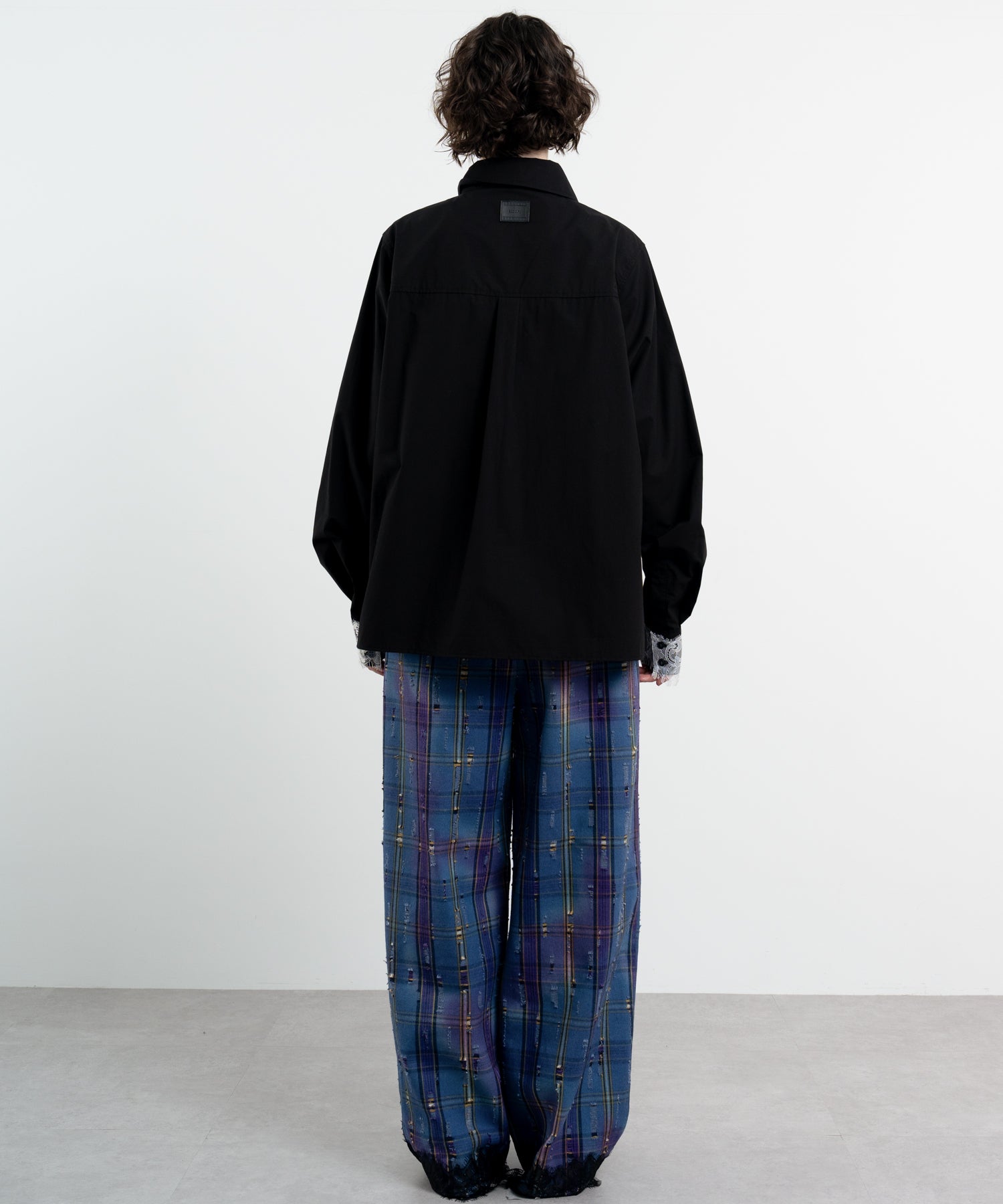 Plaid Pants with Distressed Details & Lace Docking