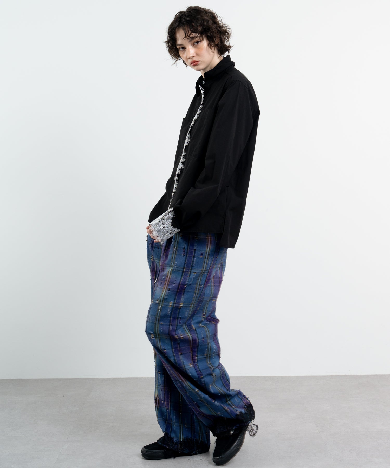 Plaid Pants with Distressed Details & Lace Docking