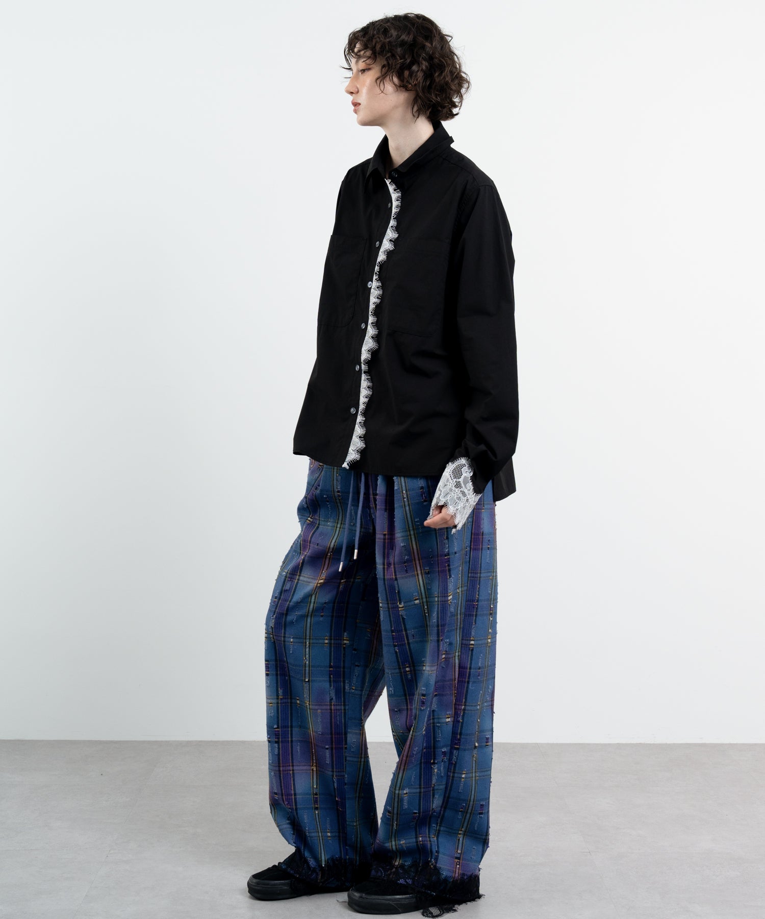 Plaid Pants with Distressed Details & Lace Docking