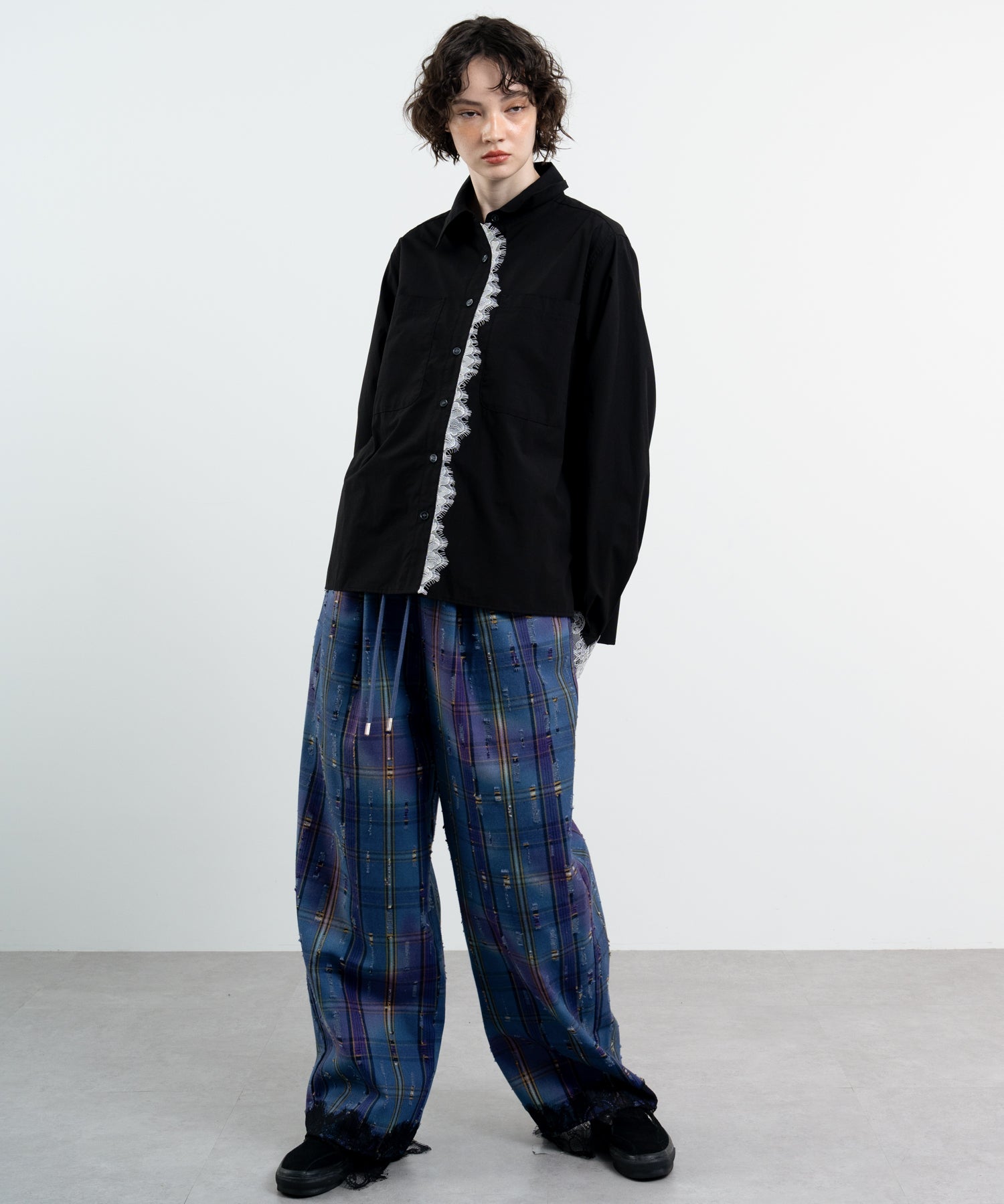 Plaid Pants with Distressed Details & Lace Docking