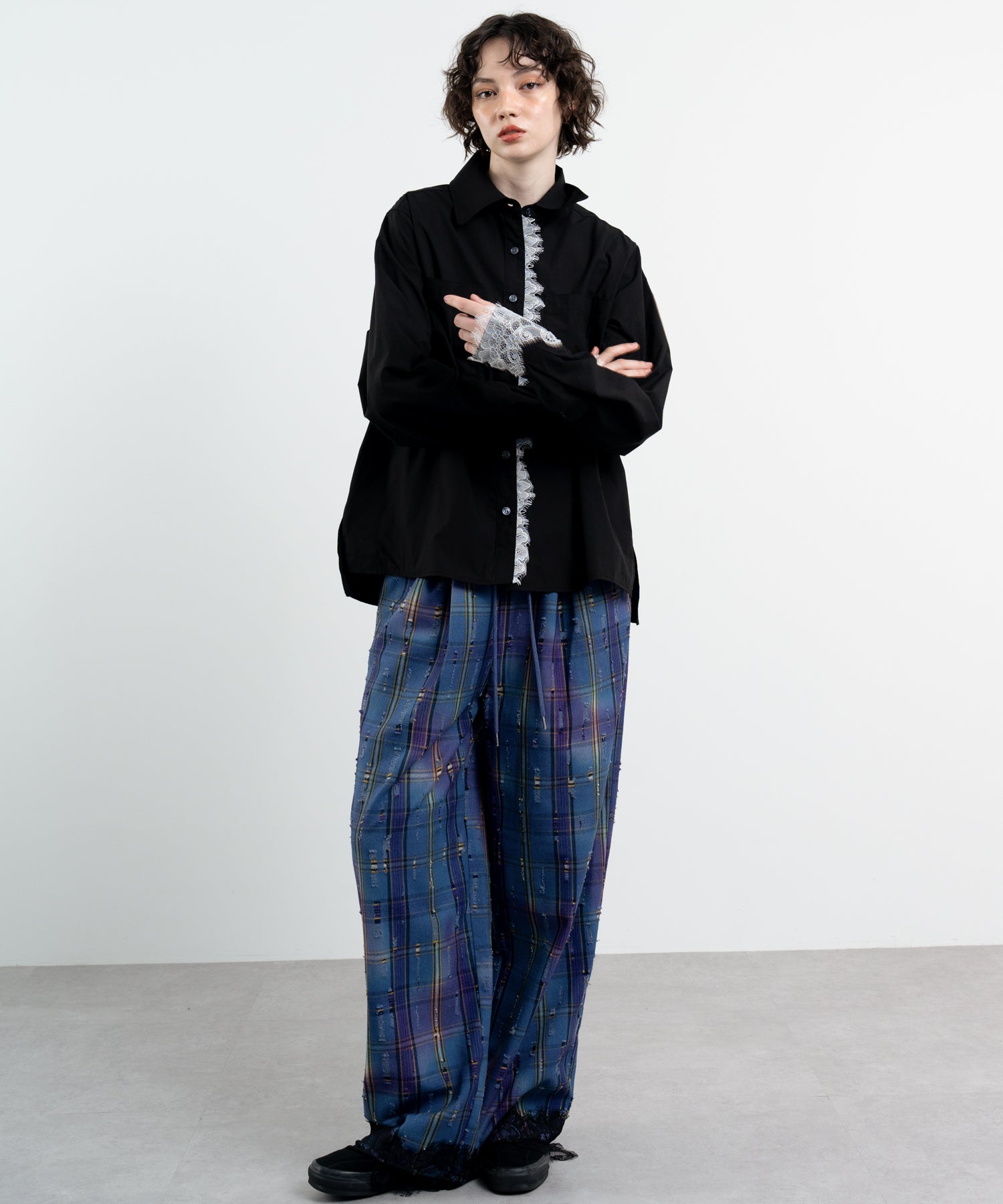 Plaid Pants with Distressed Details & Lace Docking