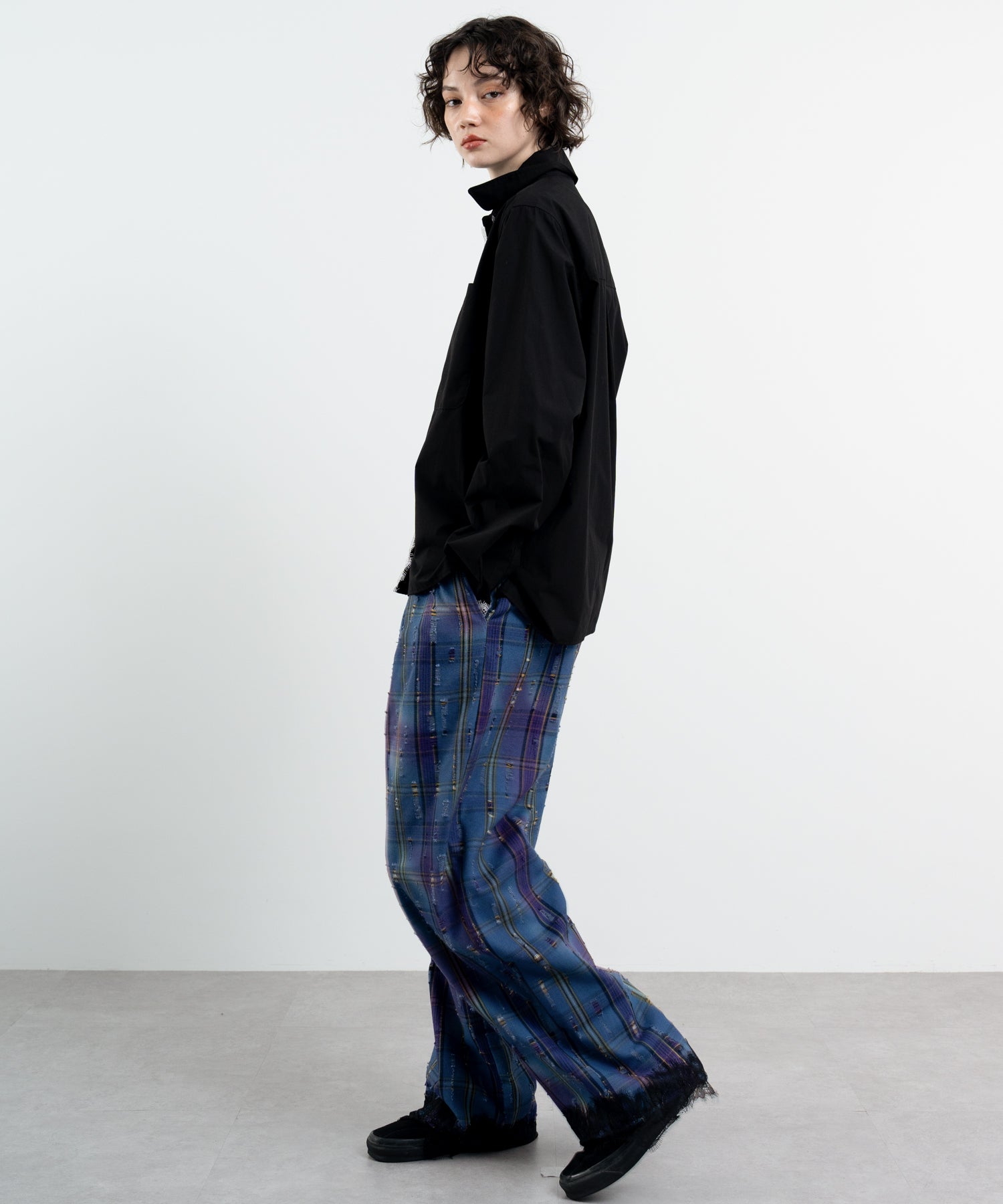 Plaid Pants with Distressed Details & Lace Docking