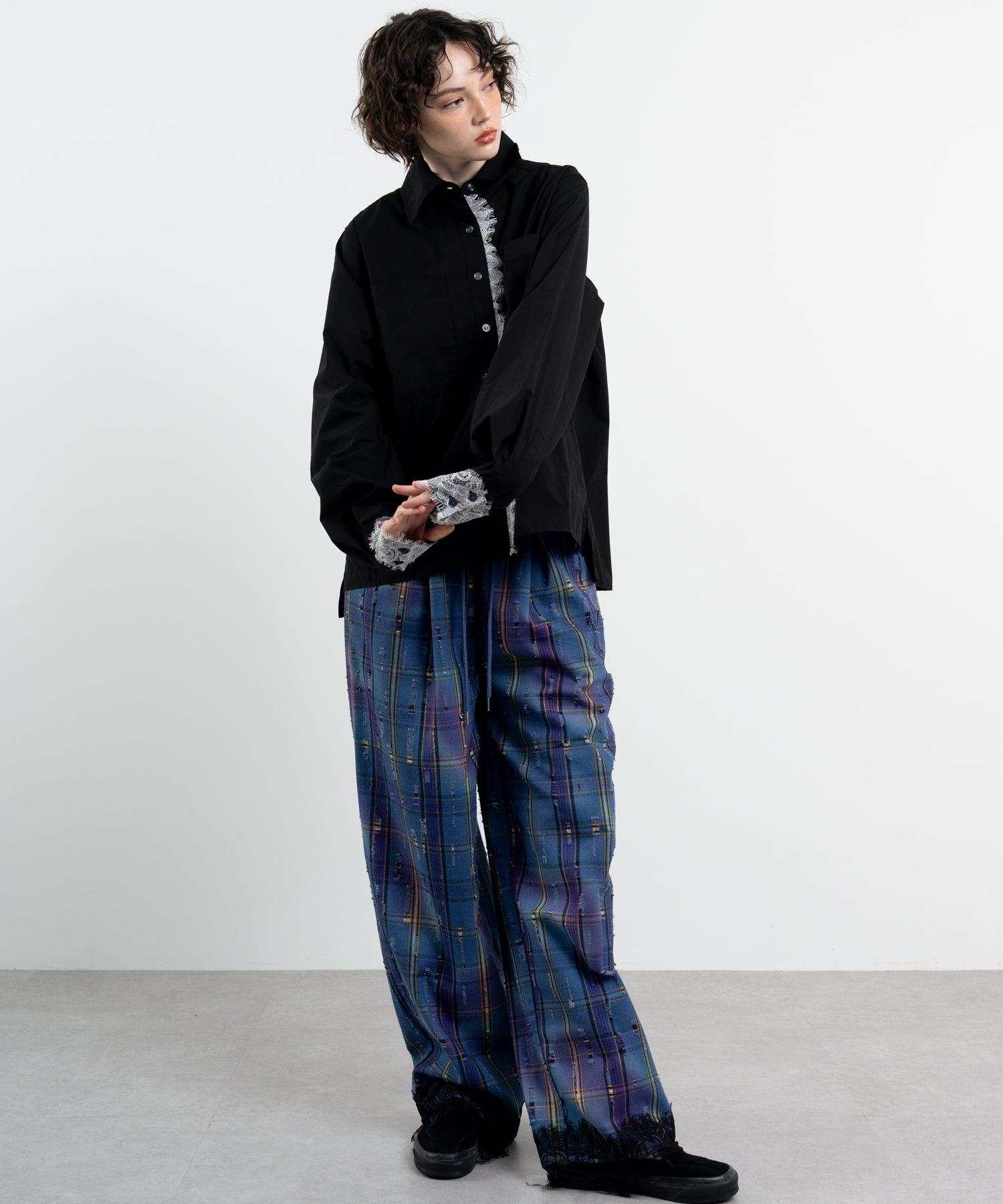 Plaid Pants with Distressed Details & Lace Docking