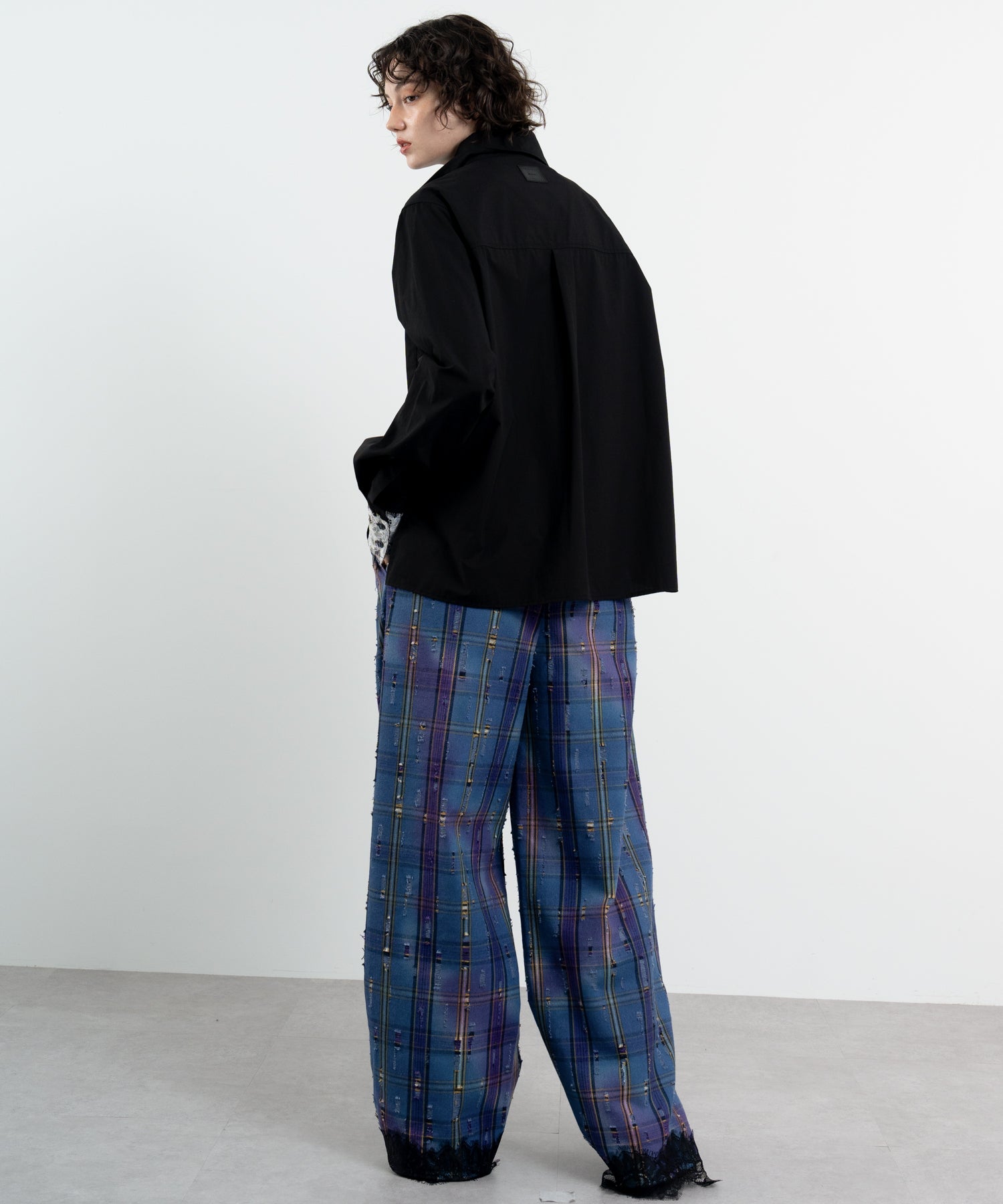 Plaid Pants with Distressed Details & Lace Docking