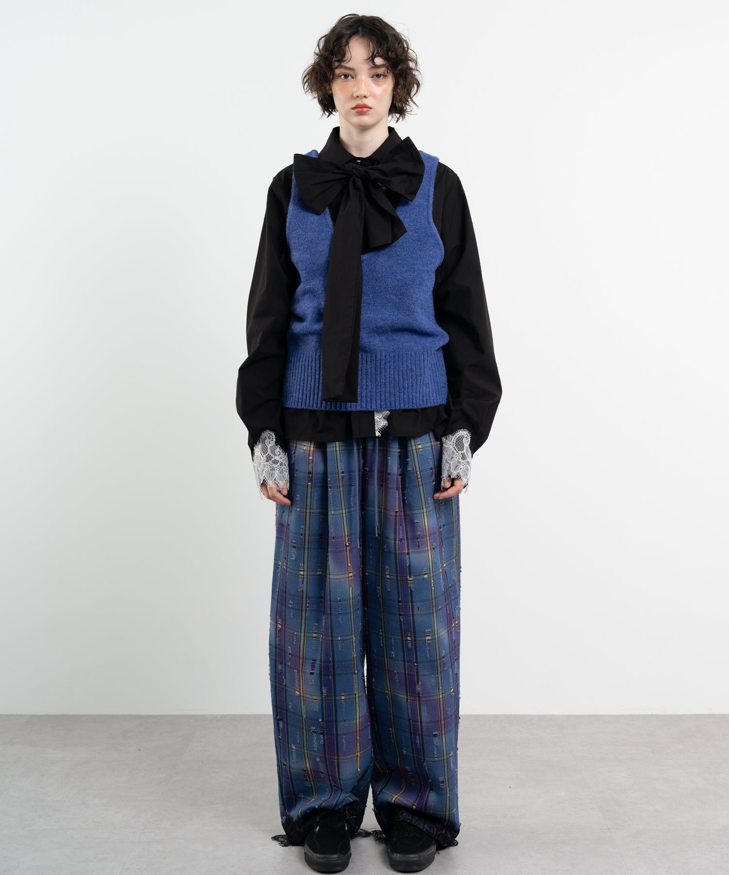 Plaid Pants with Distressed Details & Lace Docking