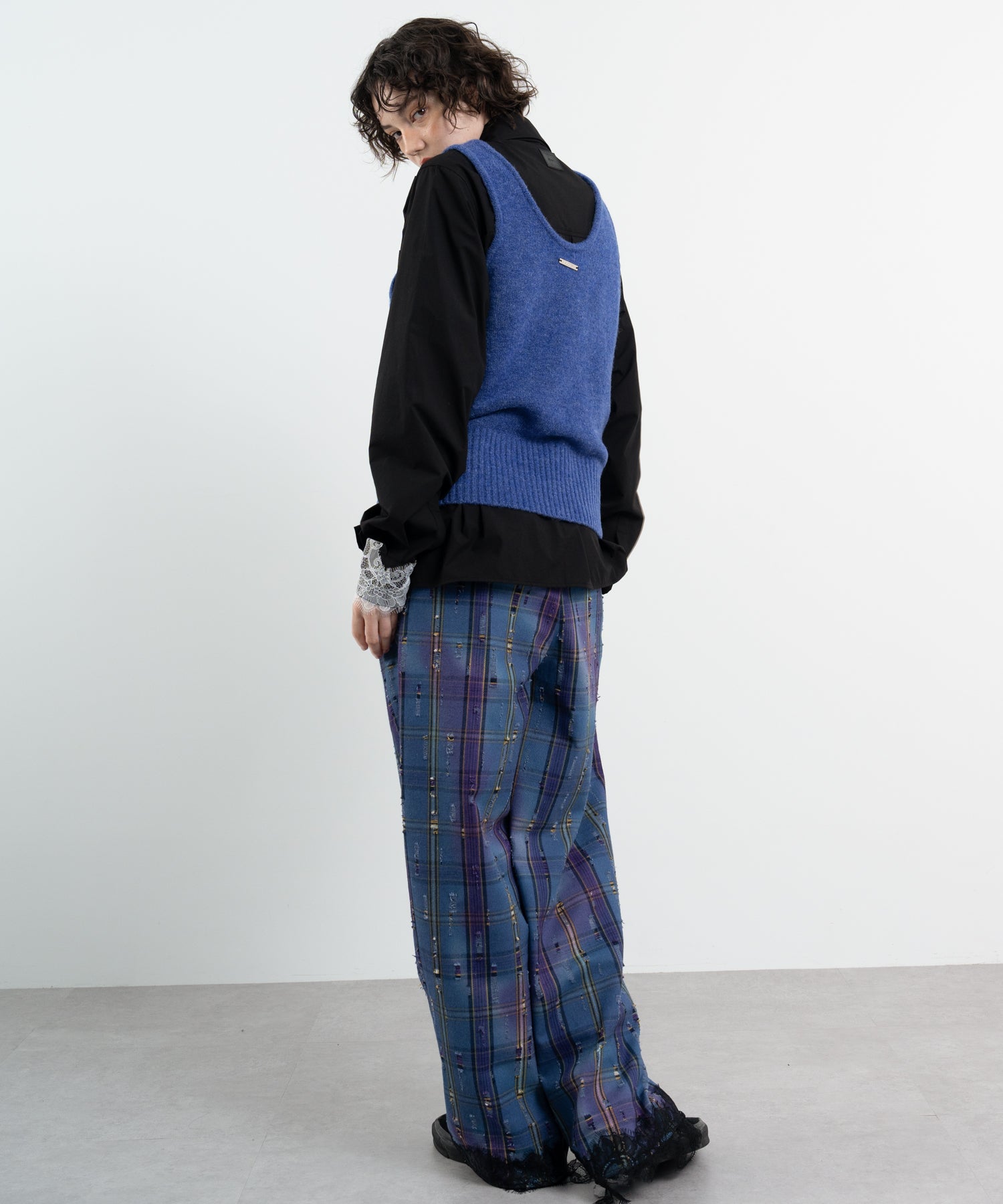 Plaid Pants with Distressed Details & Lace Docking