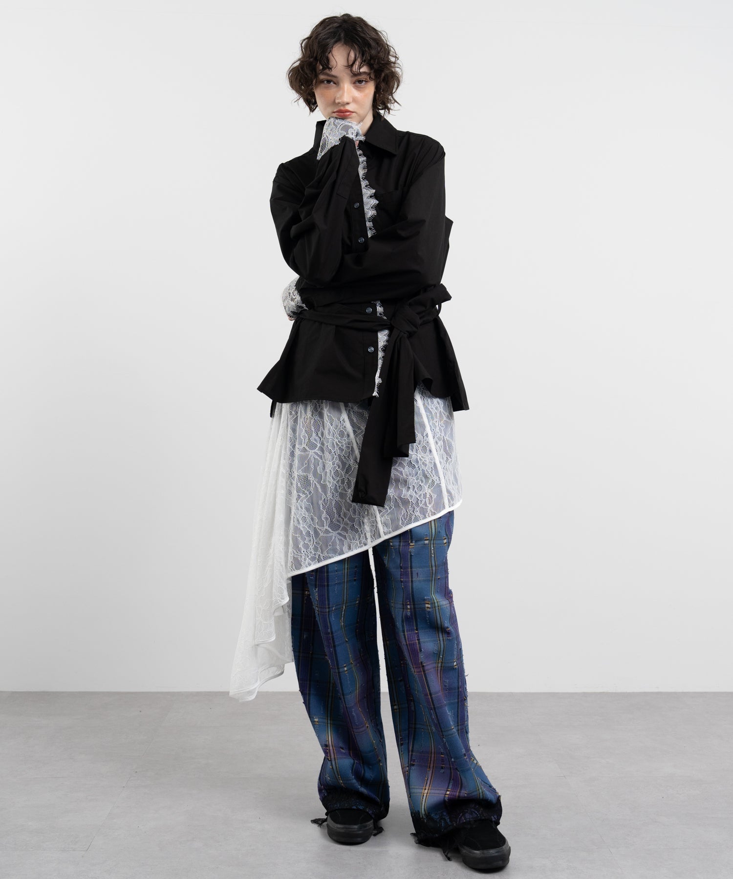 Plaid Pants with Distressed Details & Lace Docking