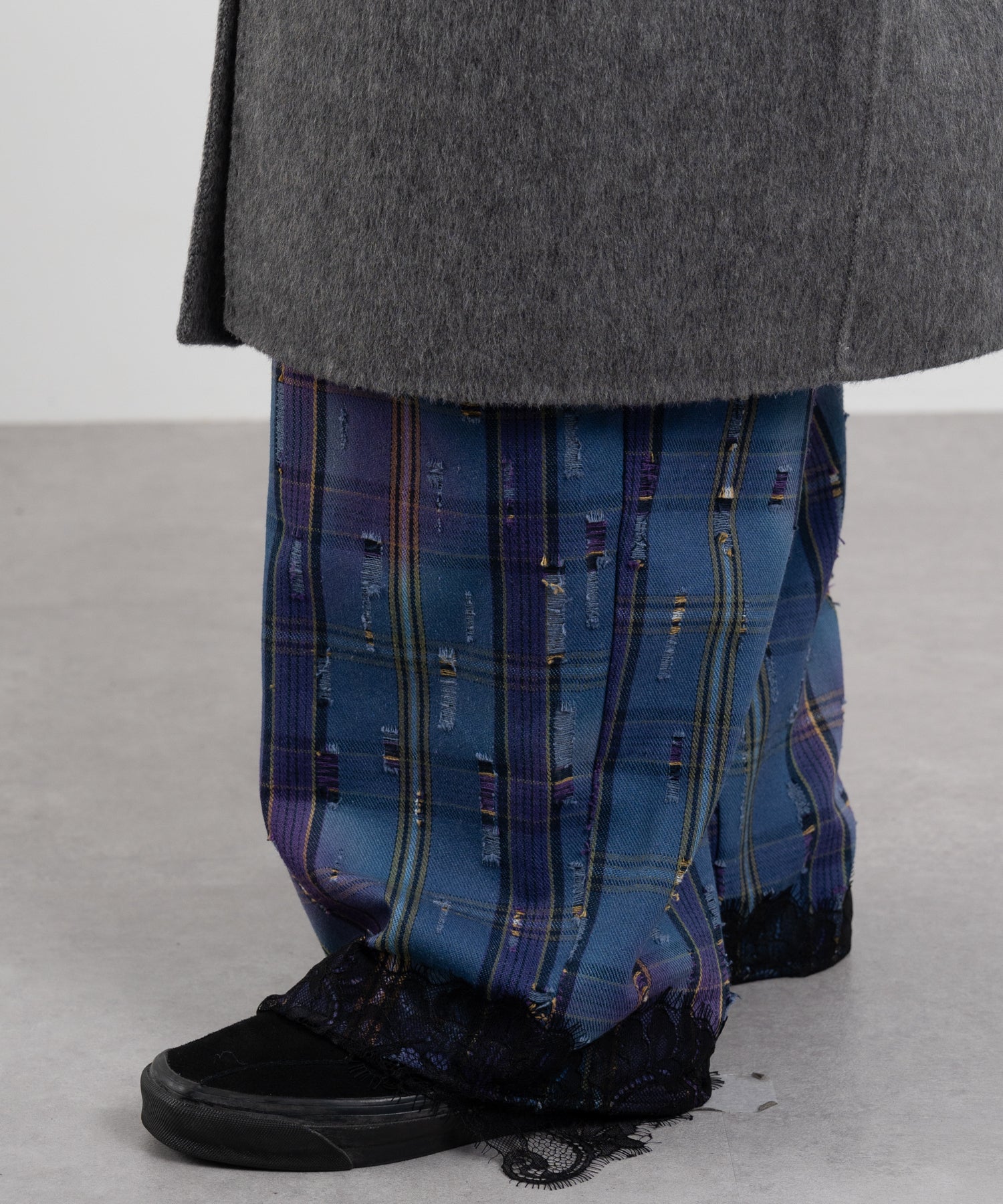 Plaid Pants with Distressed Details & Lace Docking