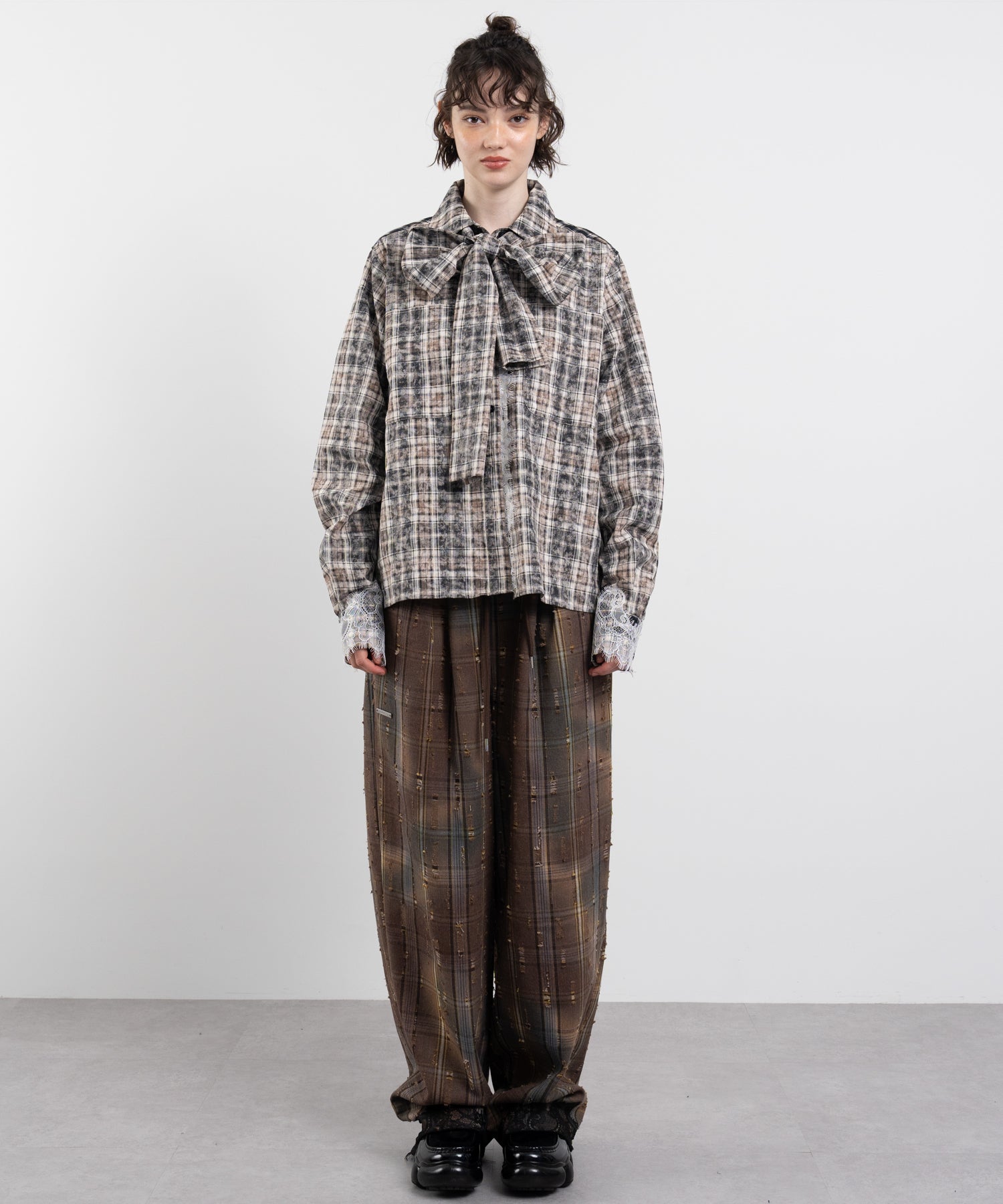 Plaid Pants with Distressed Details & Lace Docking