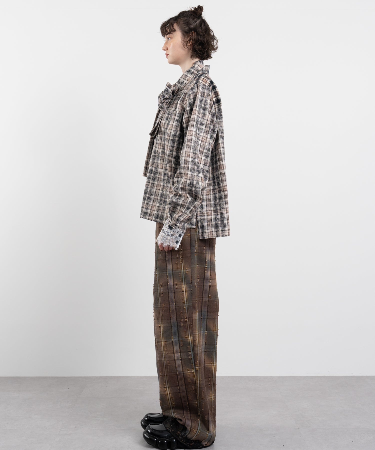 Plaid Pants with Distressed Details & Lace Docking