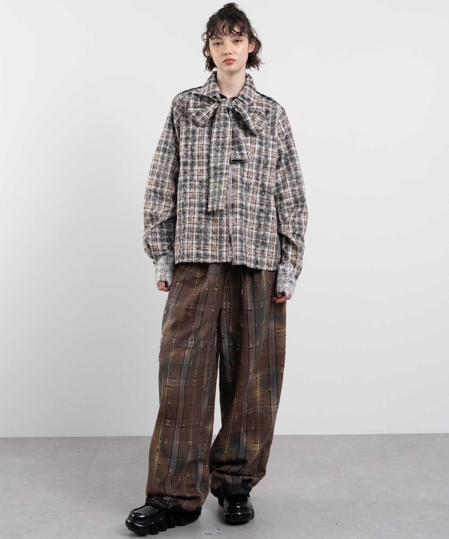 Plaid Pants with Distressed Details & Lace Docking