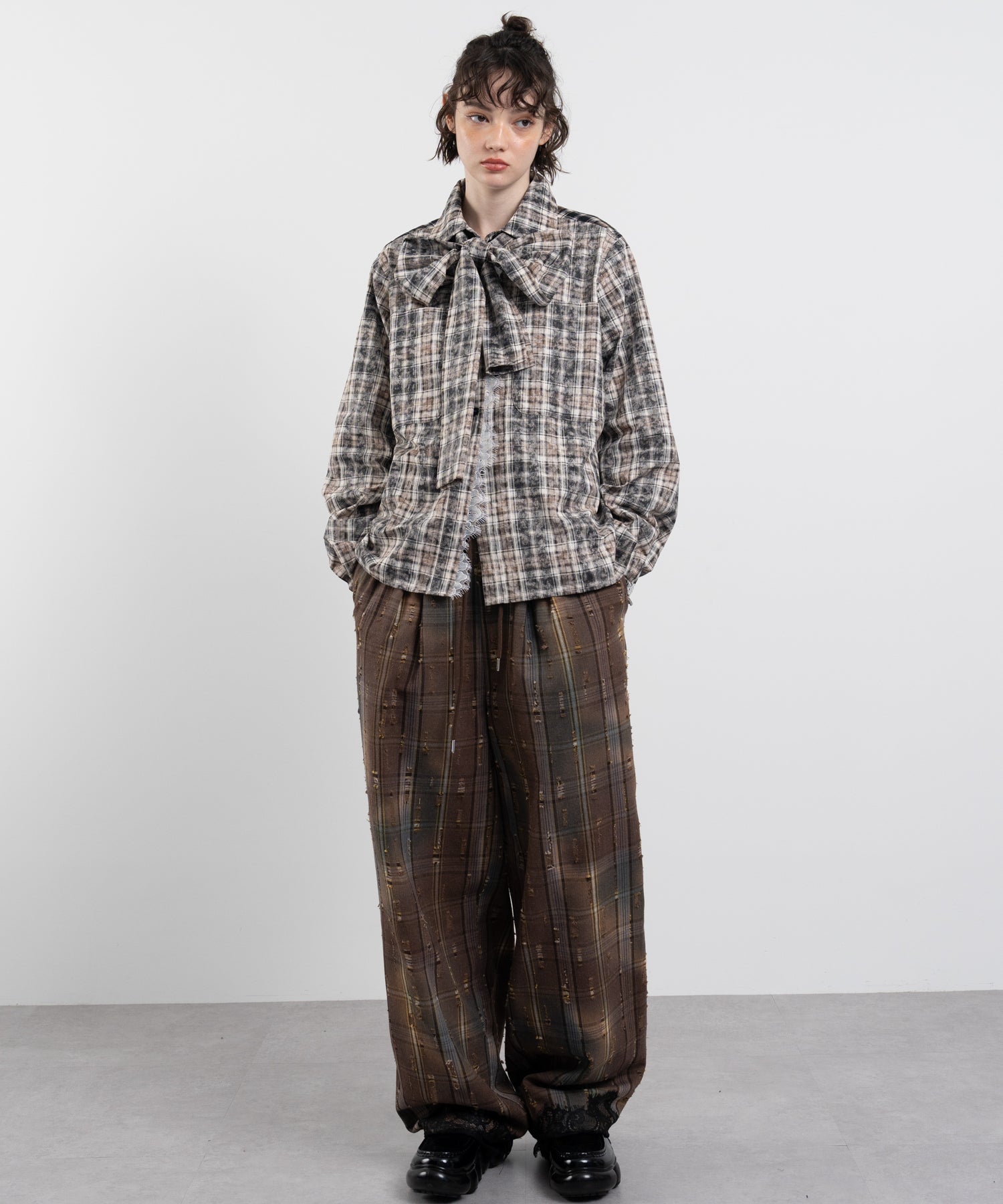 Plaid Pants with Distressed Details & Lace Docking