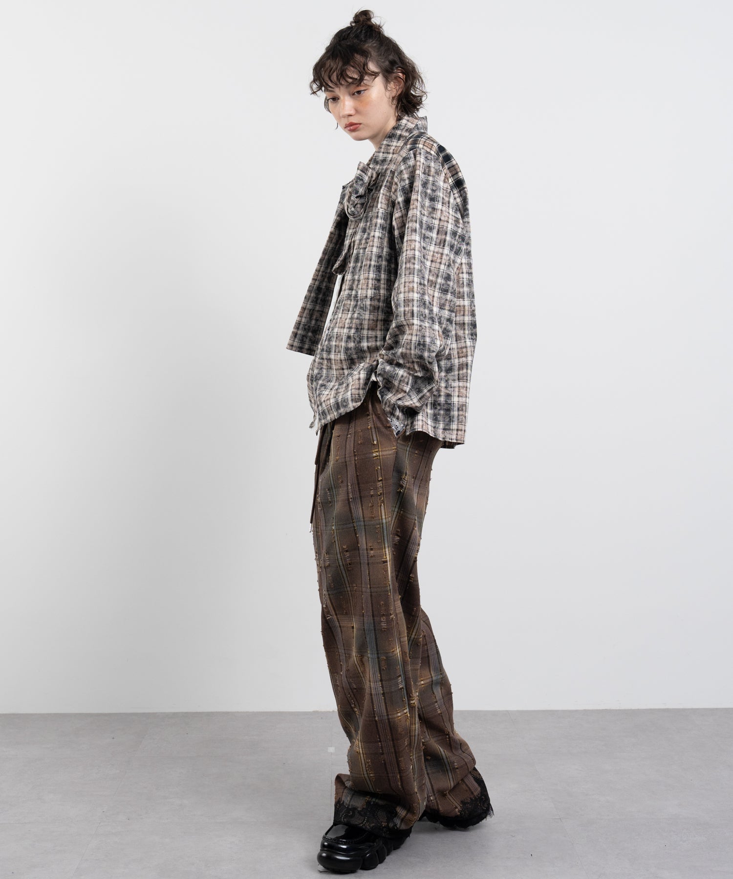 Plaid Pants with Distressed Details & Lace Docking