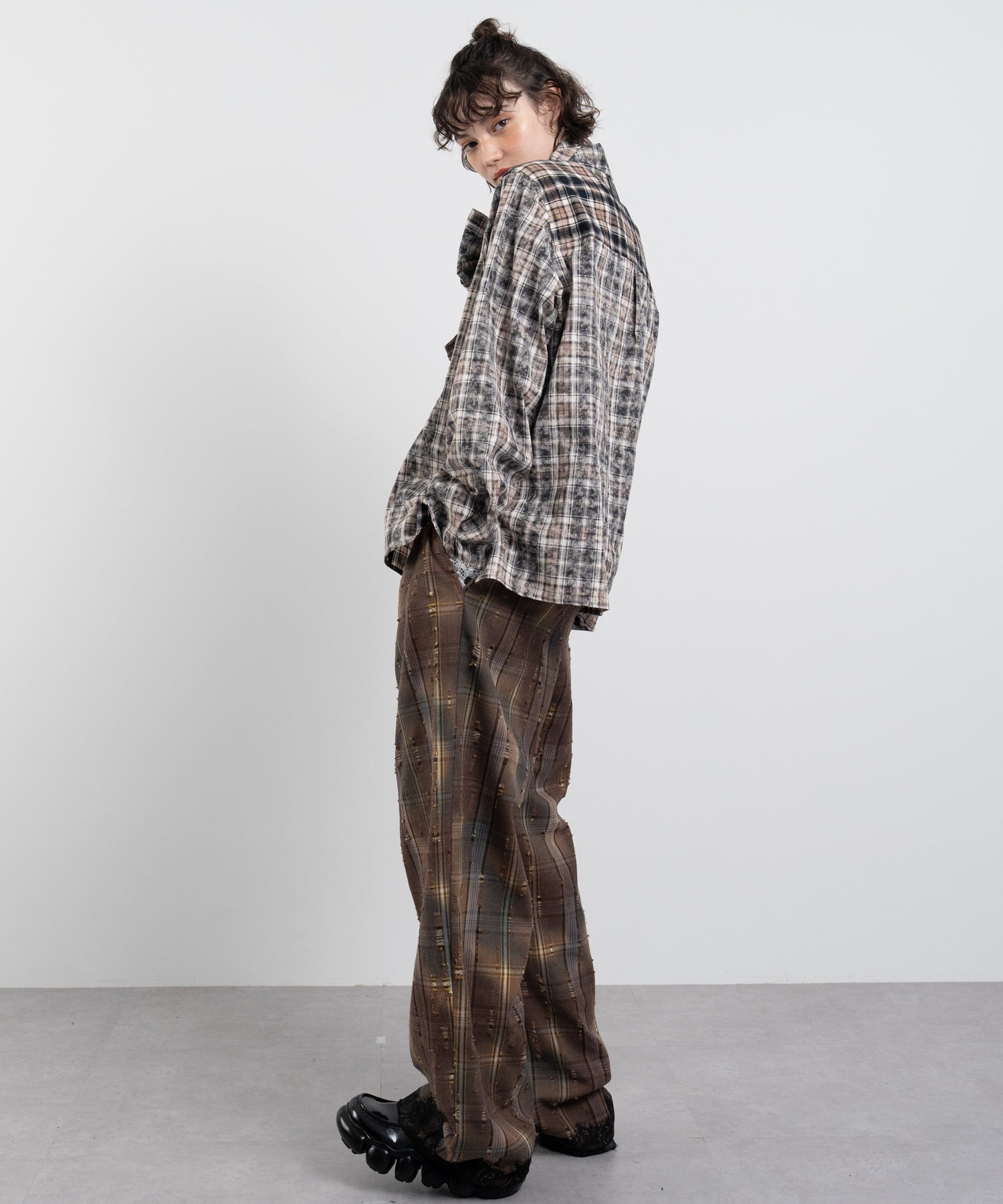 Plaid Pants with Distressed Details & Lace Docking